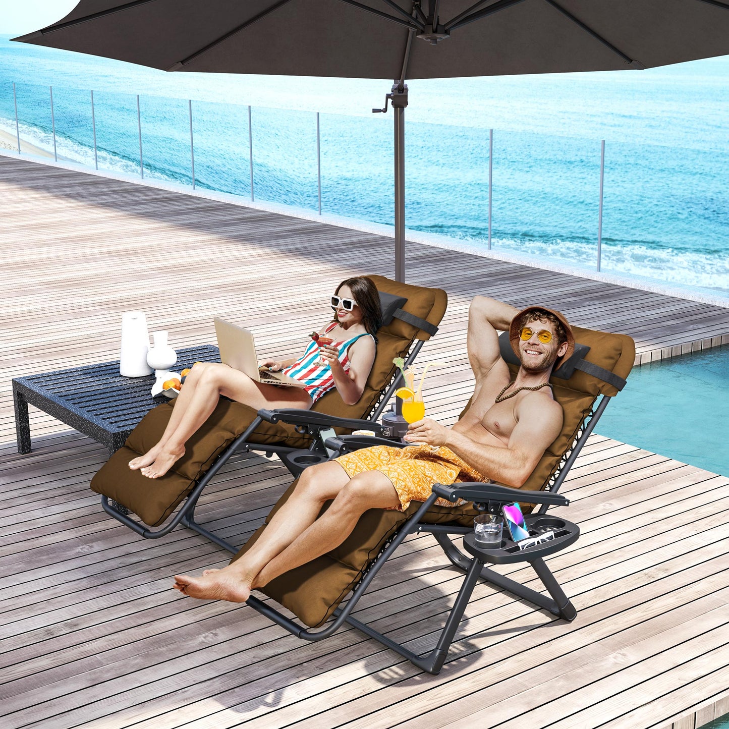 Set of Two Reclining Sun Loungers, with Cushion