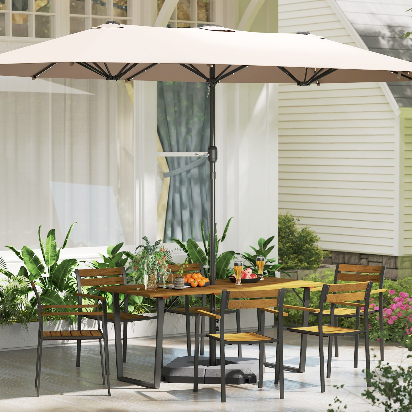 Seven-Piece Wood Panel Patio Dining Set - Brown/Black