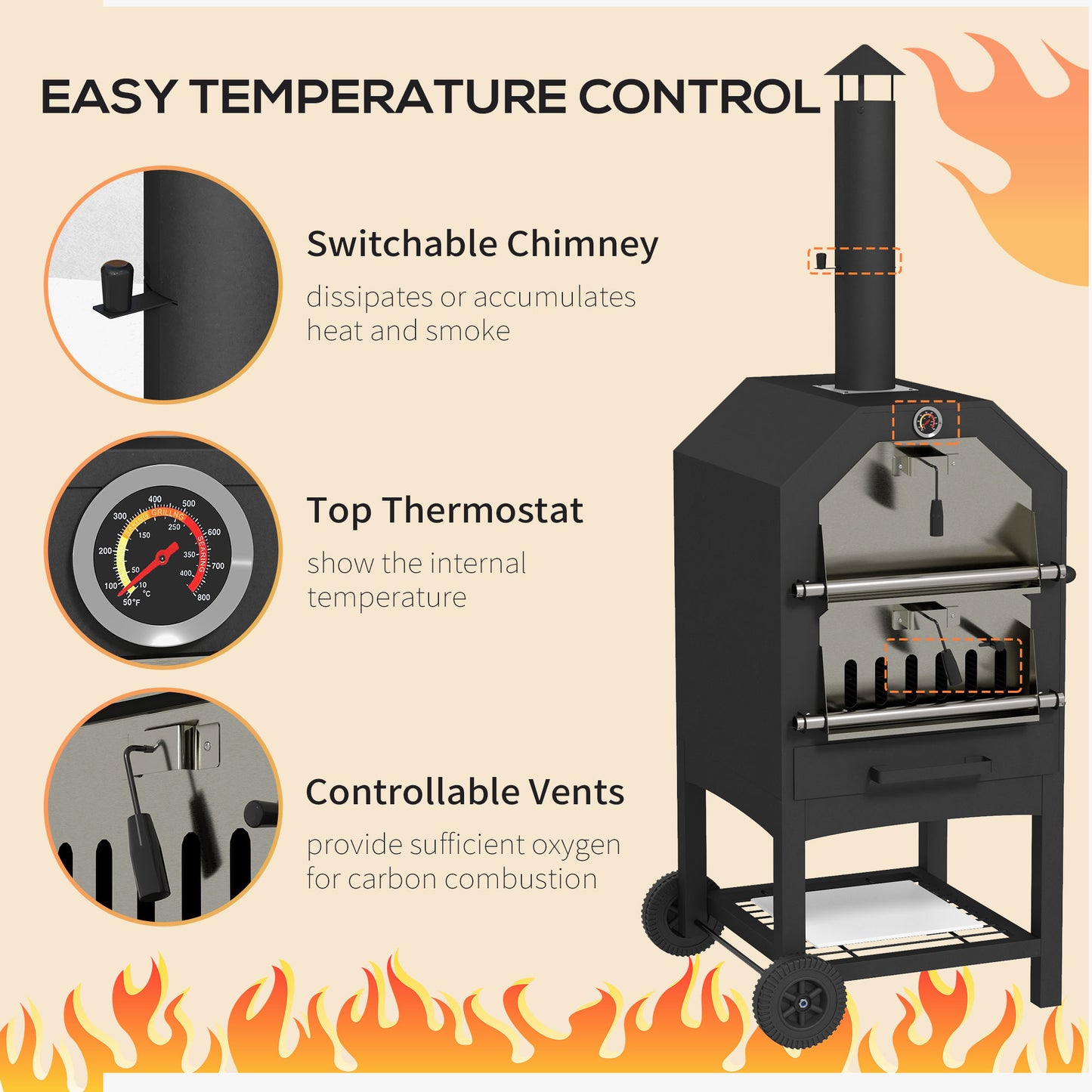 Steel 3-Tier Outdoor Pizza Oven Charcoal BBQ Grill