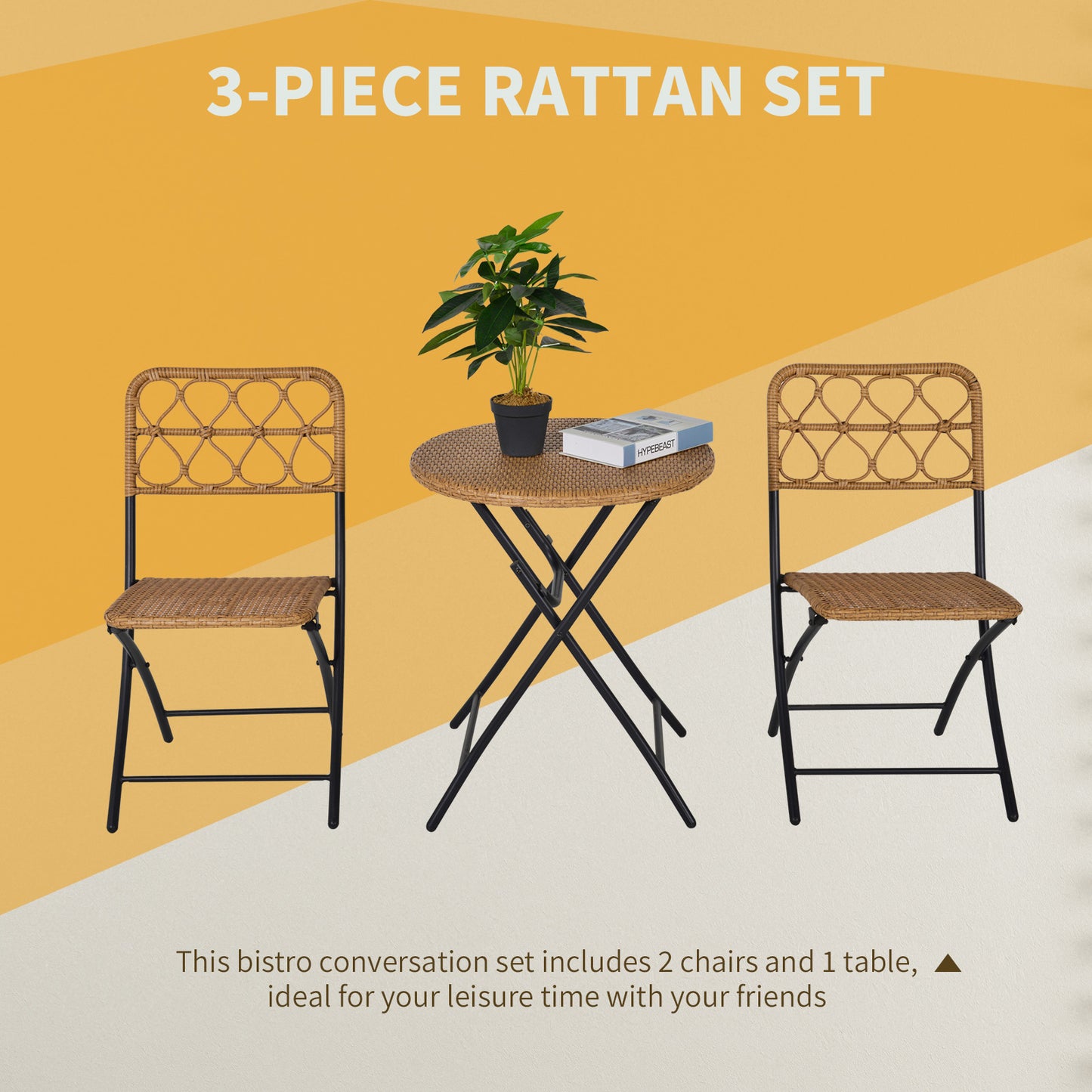 2 Seater Foldable Rattan Wicker Bistro Set, Coffee Table and Chairs