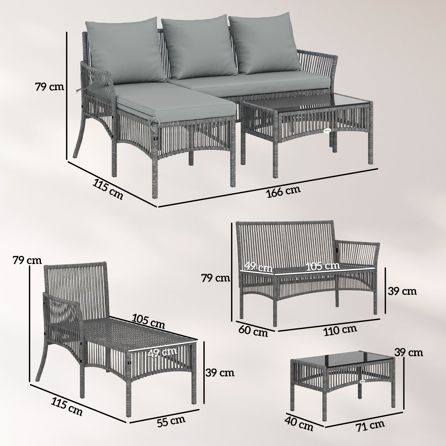 3 Piece Rattan Garden Furniture Corner Sofa Set with Chaise Lounge