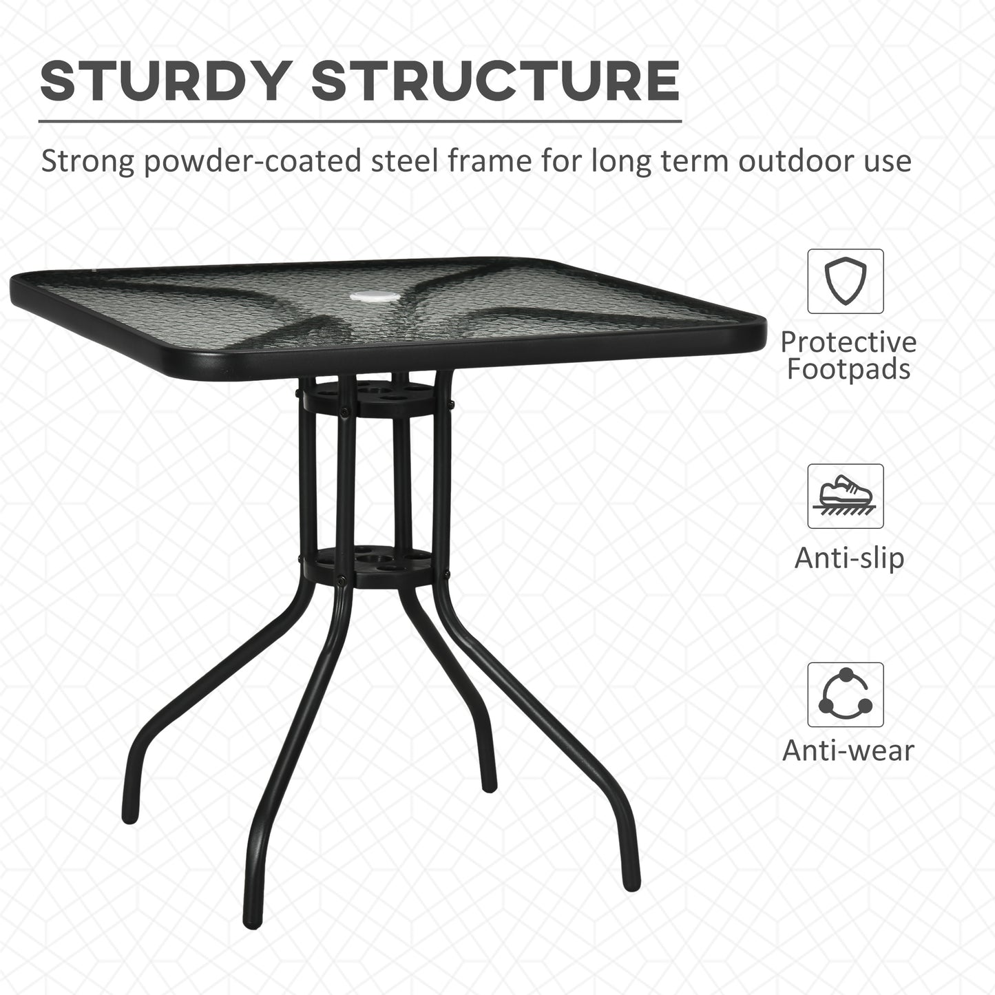 Square Garden Dining Table with Tempered Glass Top & Umbrella Hole