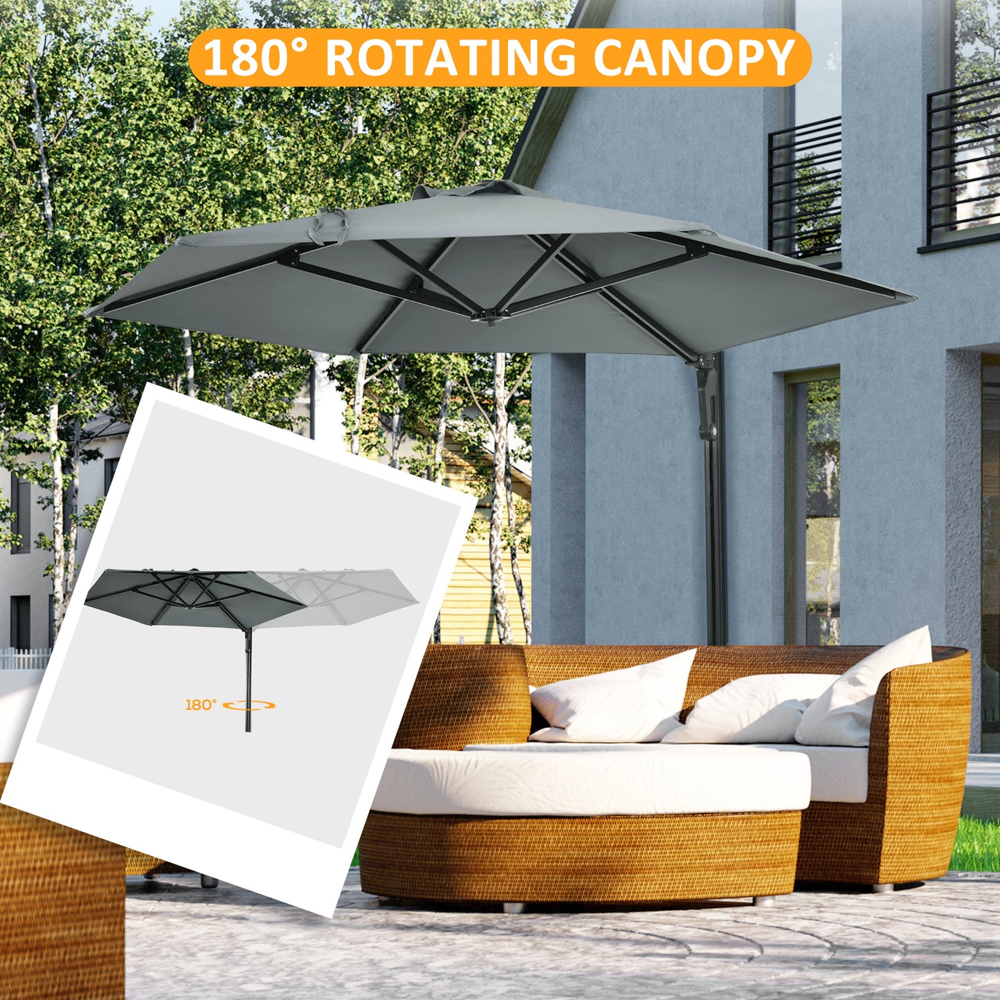 2.5m Wall Mounted Parasol, Hand to Push Outdoor Patio Umbrella