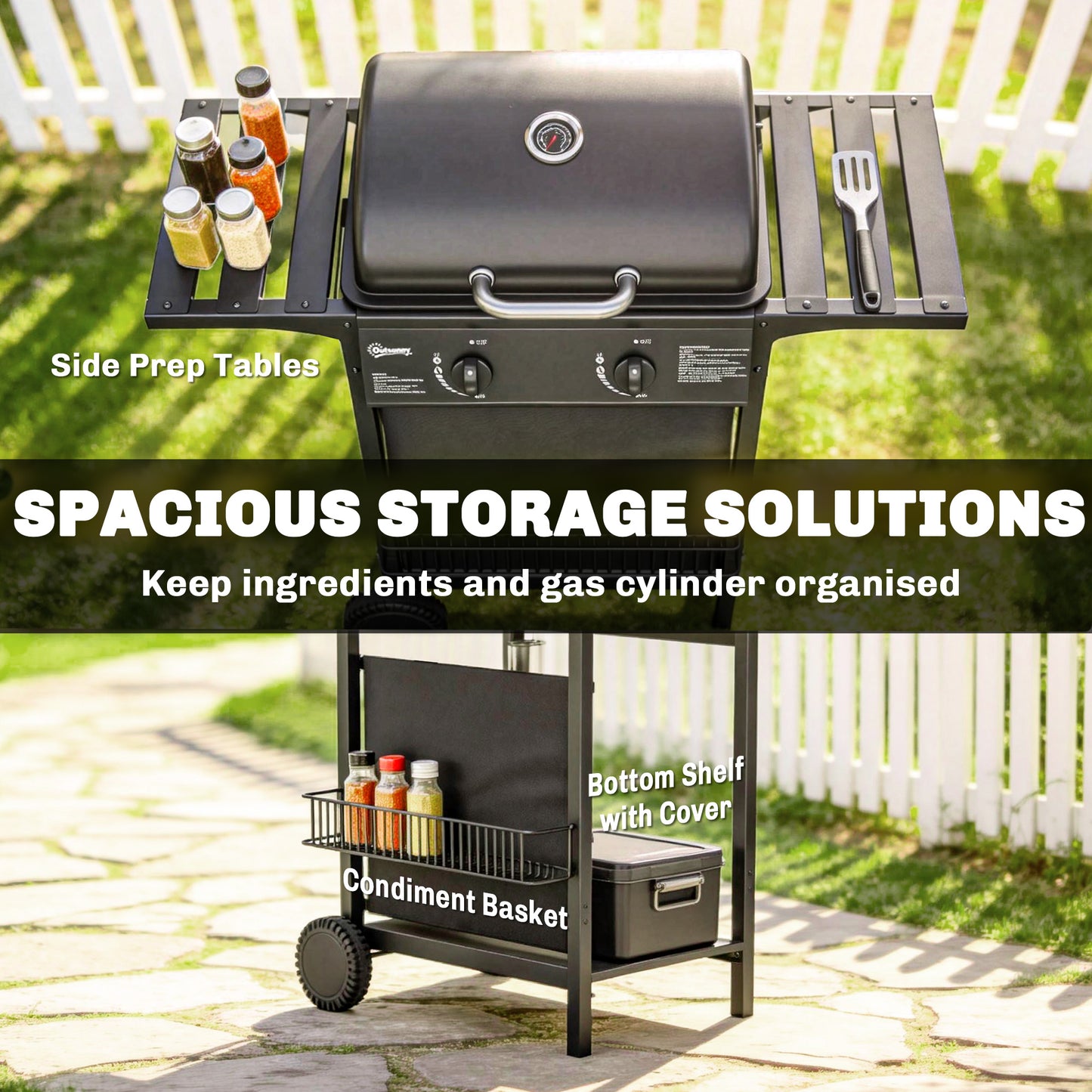 Gas Burner Barbecue Grill, 2 Burner Gas Grill with Side Tables