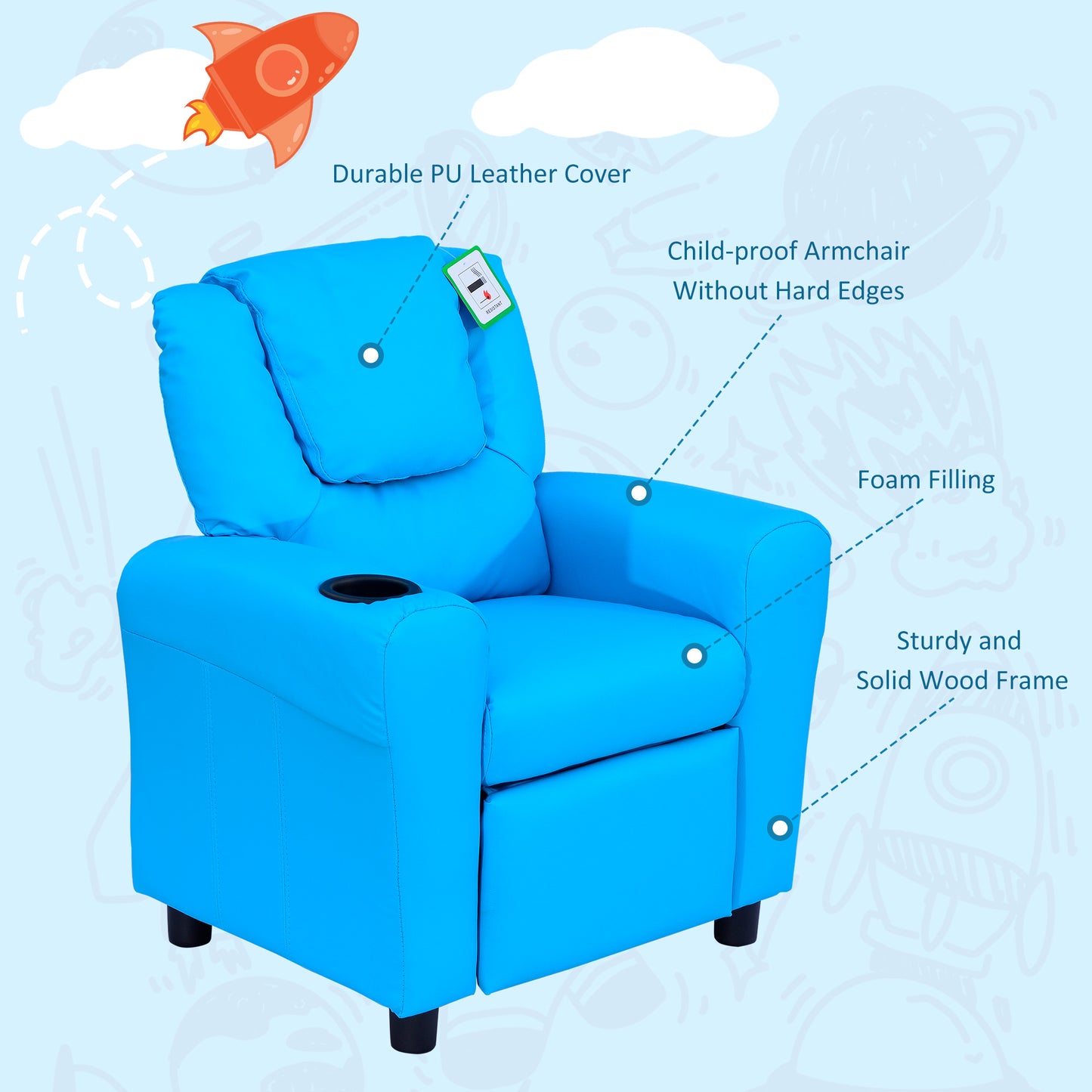 Kids Recliner Chair, PU Leather with Adjustable Backrest, Footrest
