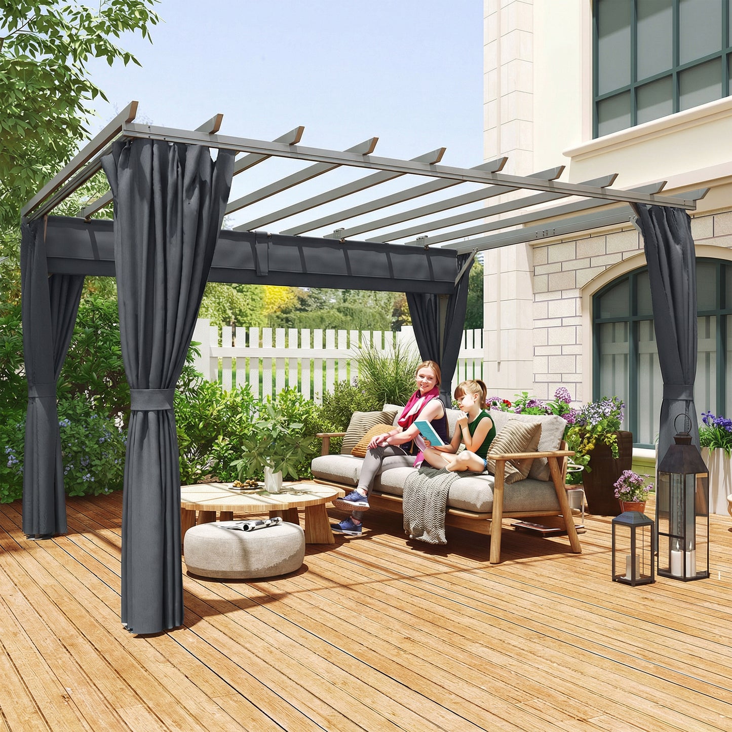 3.6 x 3 m Pergola with Retractable Roof Canopy, Curtains