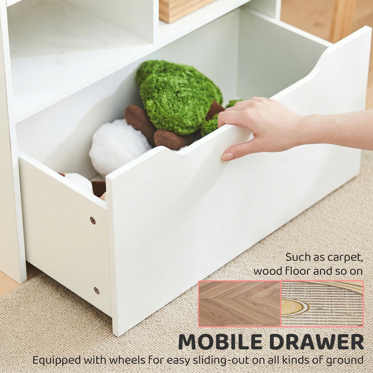 Kids Bookshelf, Toy Organiser, with Storage Drawer, Wheels