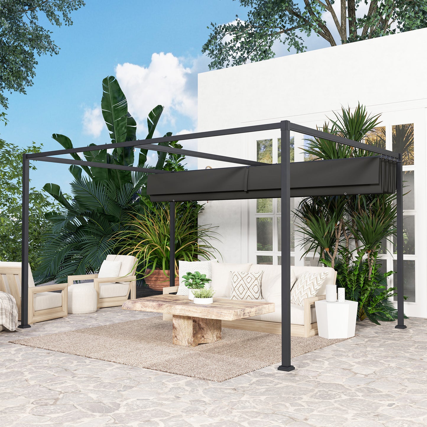 4 x 3m Metal Pergola, with Retractable Canopy Roof