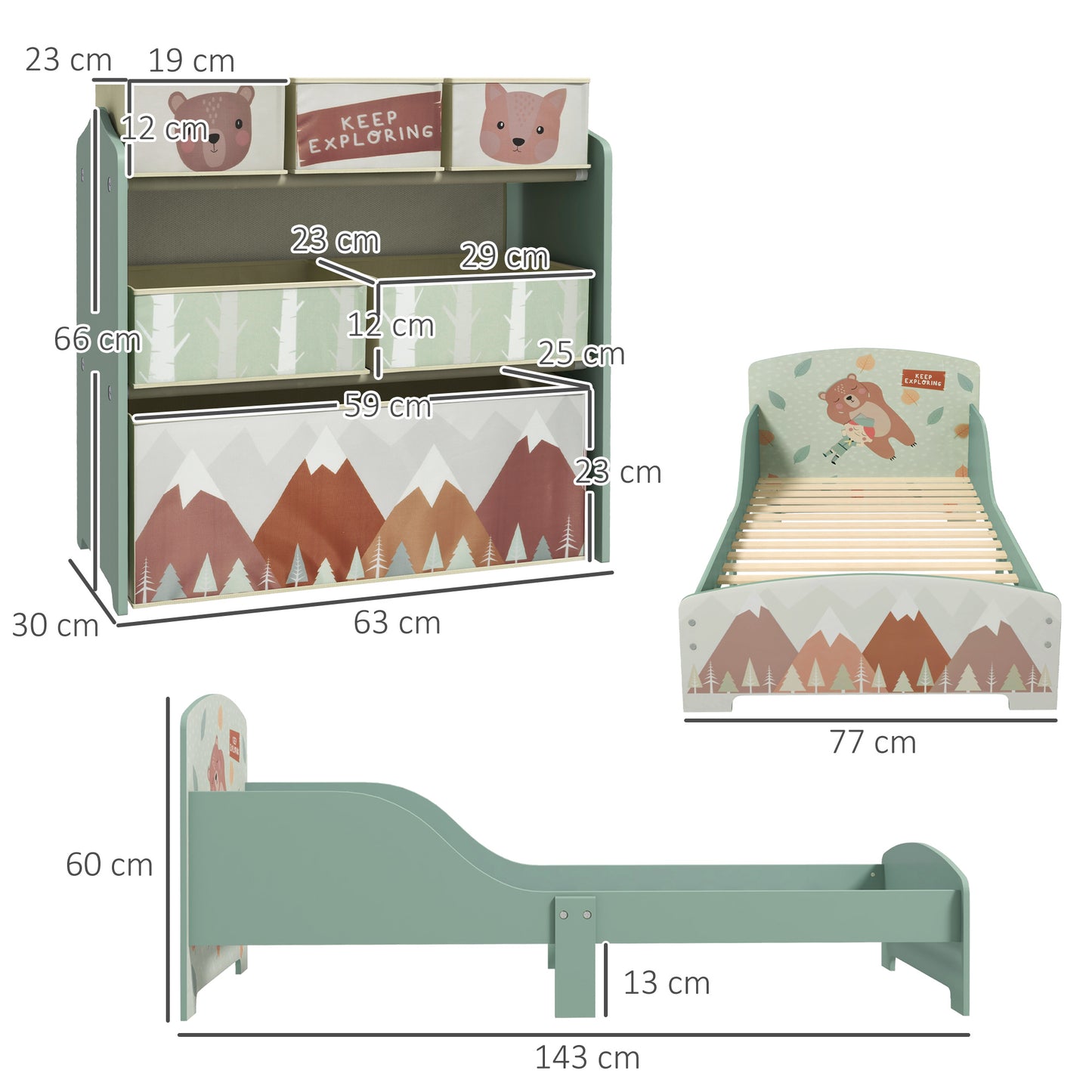 Toddler Bed Frame, Kids Storage Shelf Unit with 6 Fabric Bins