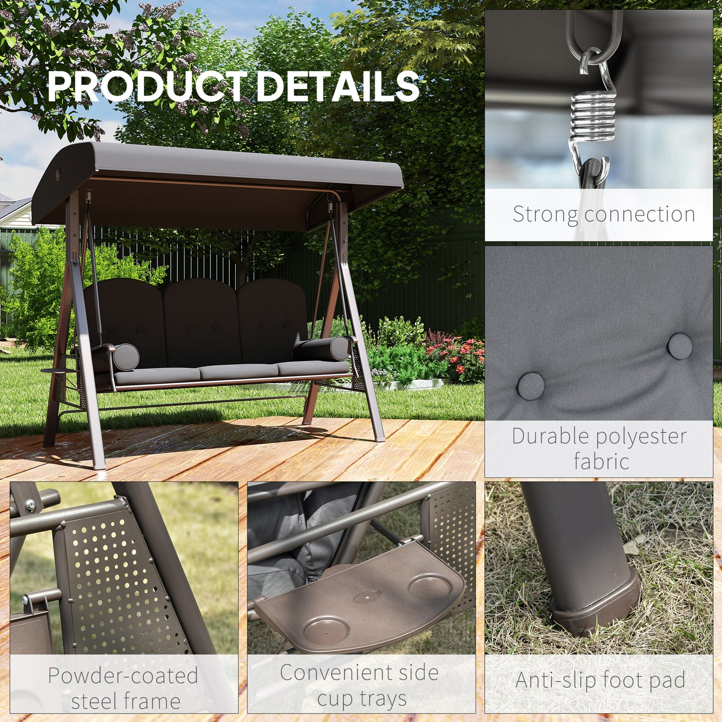 3 Seater Garden Swing Chair Outdoor Hammock Bench w/ Adjustable