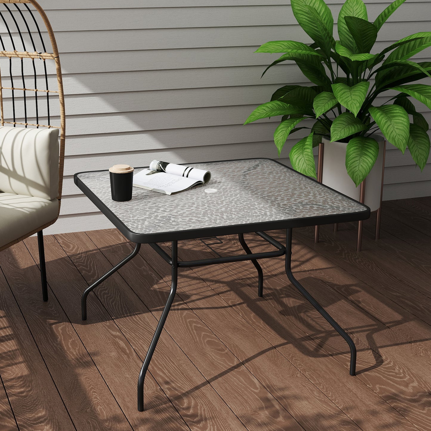 Square Garden Dining Table with Tempered Glass Top & Umbrella Hole (1)