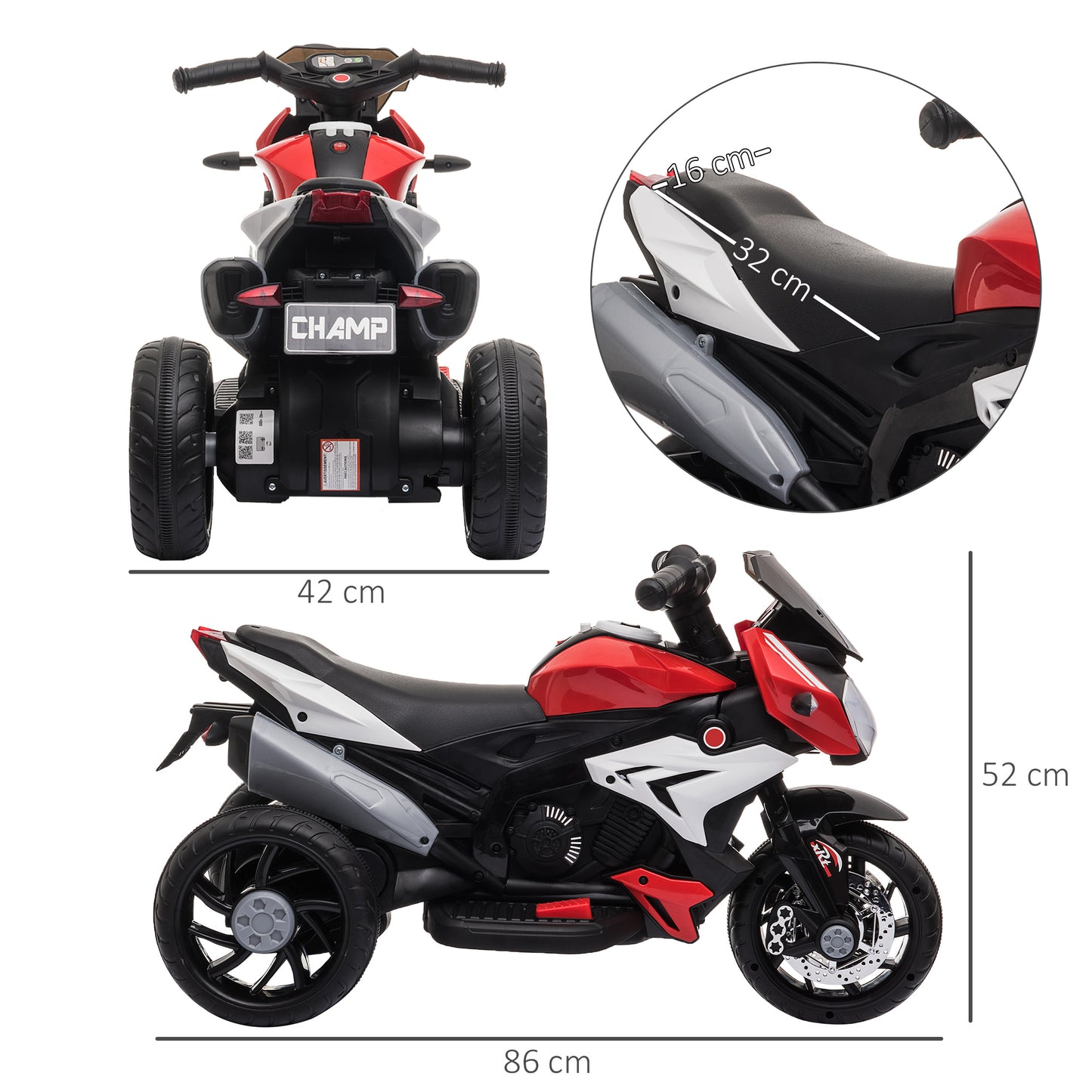 Kids Electric Motorcycle Ride-On Toy, with Three Wheels, Music, Horn