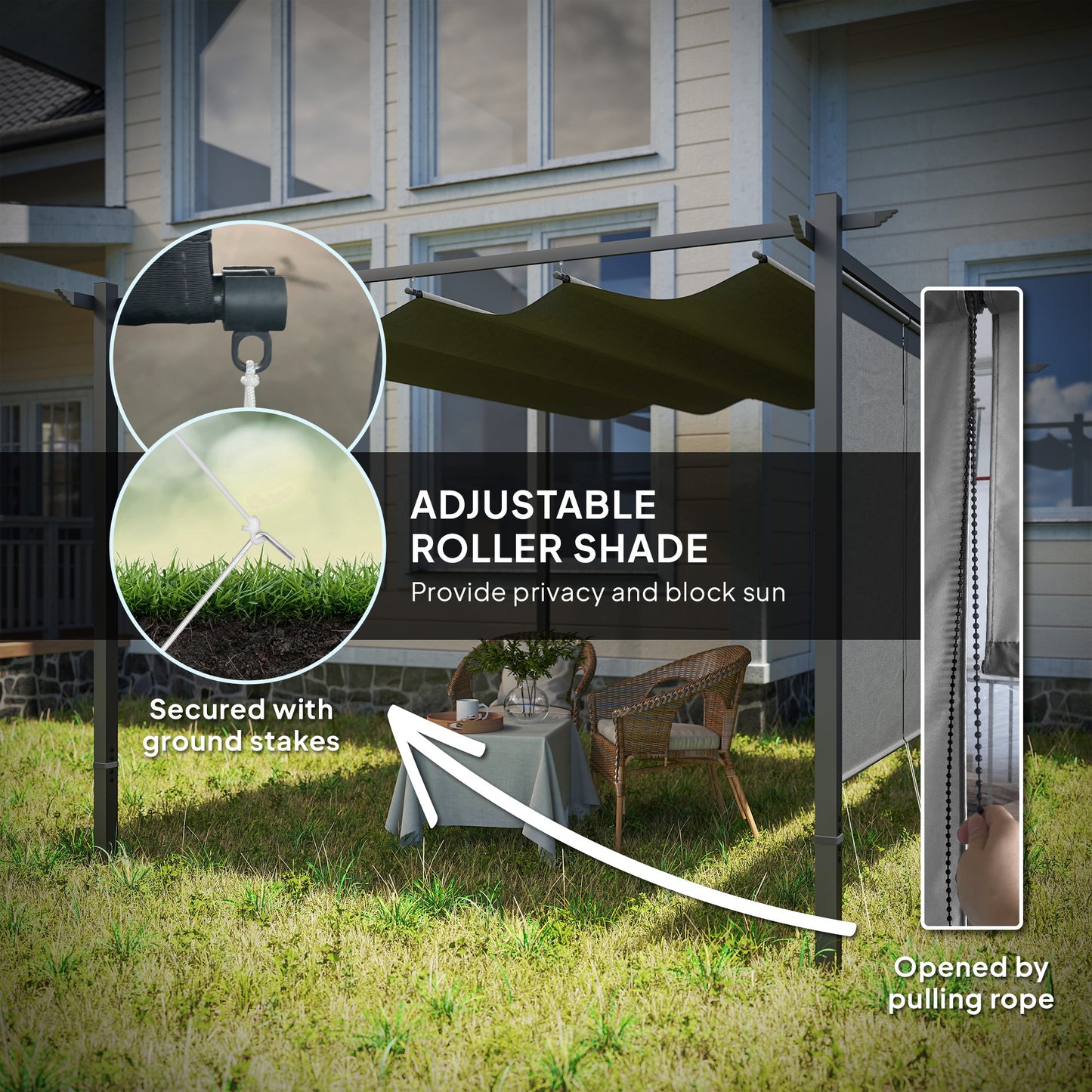 3 x 4m Metal Pergola with Retractable Roof and Roller Shade