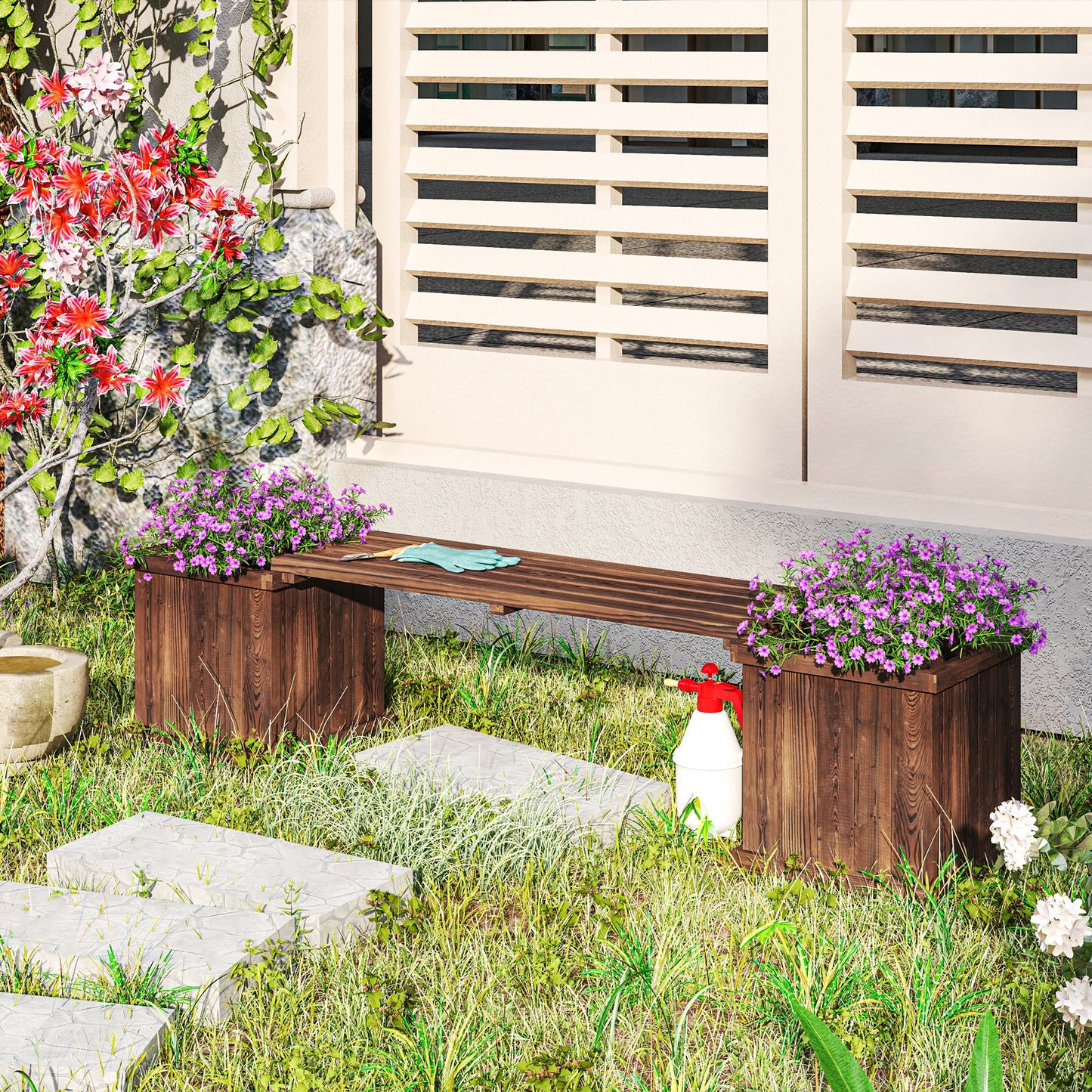 Wooden Garden Planter & Bench Combination Garden Raised Bed Patio