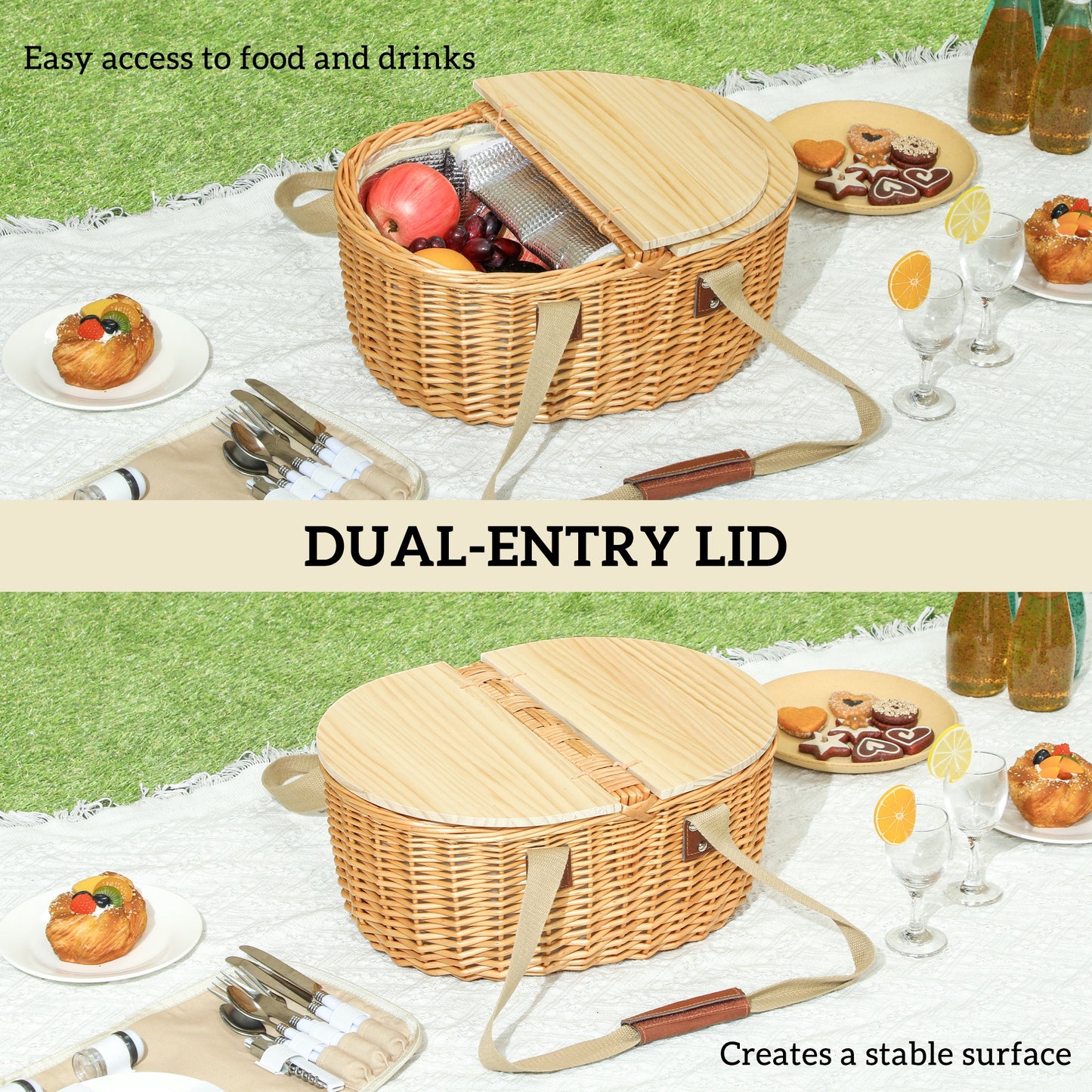 Wicker Picnic Basket for 2 with Pine Wood Lid