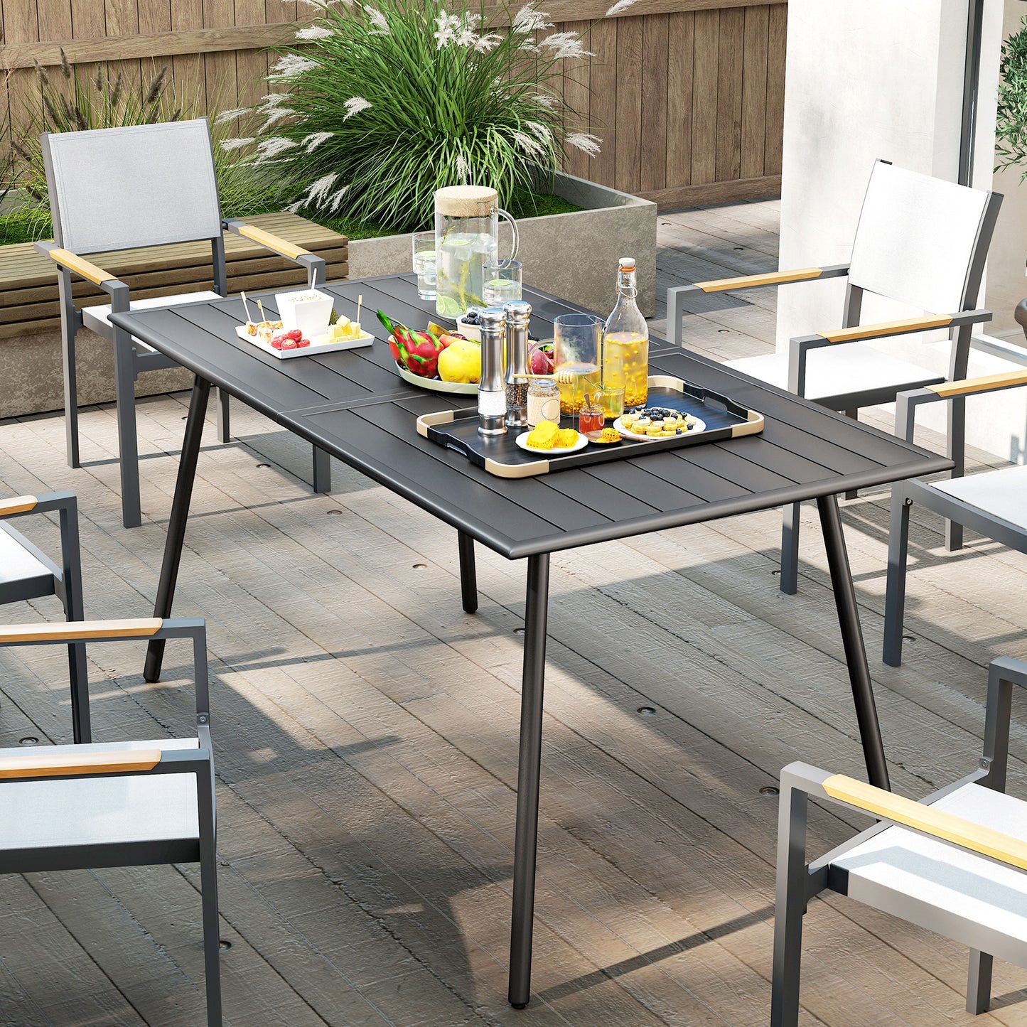 Rectangle Garden Table with Slat Top, Steel Frame