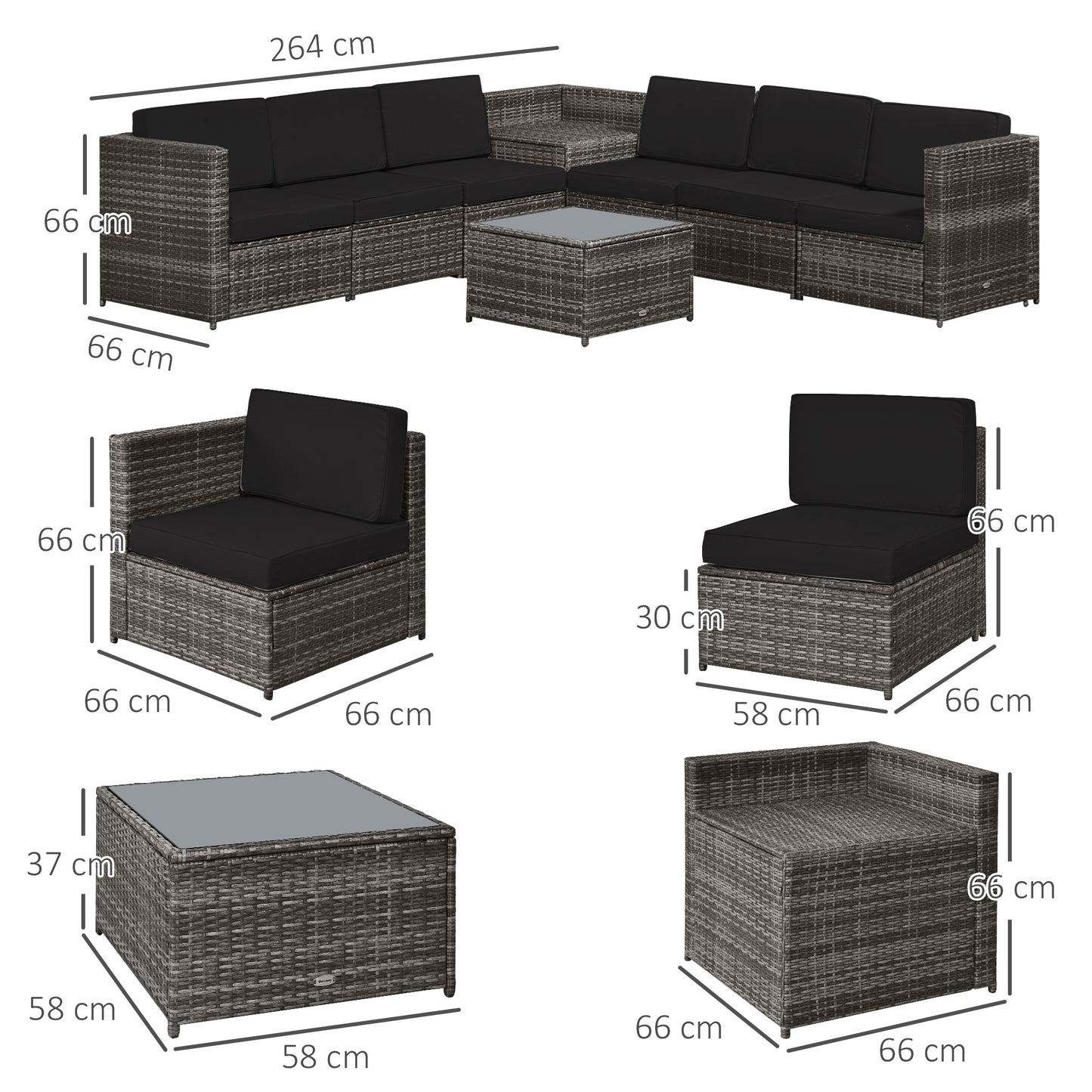 6-Seater Rattan Sofa Furniture Set W/ Cushions, Steel Frame