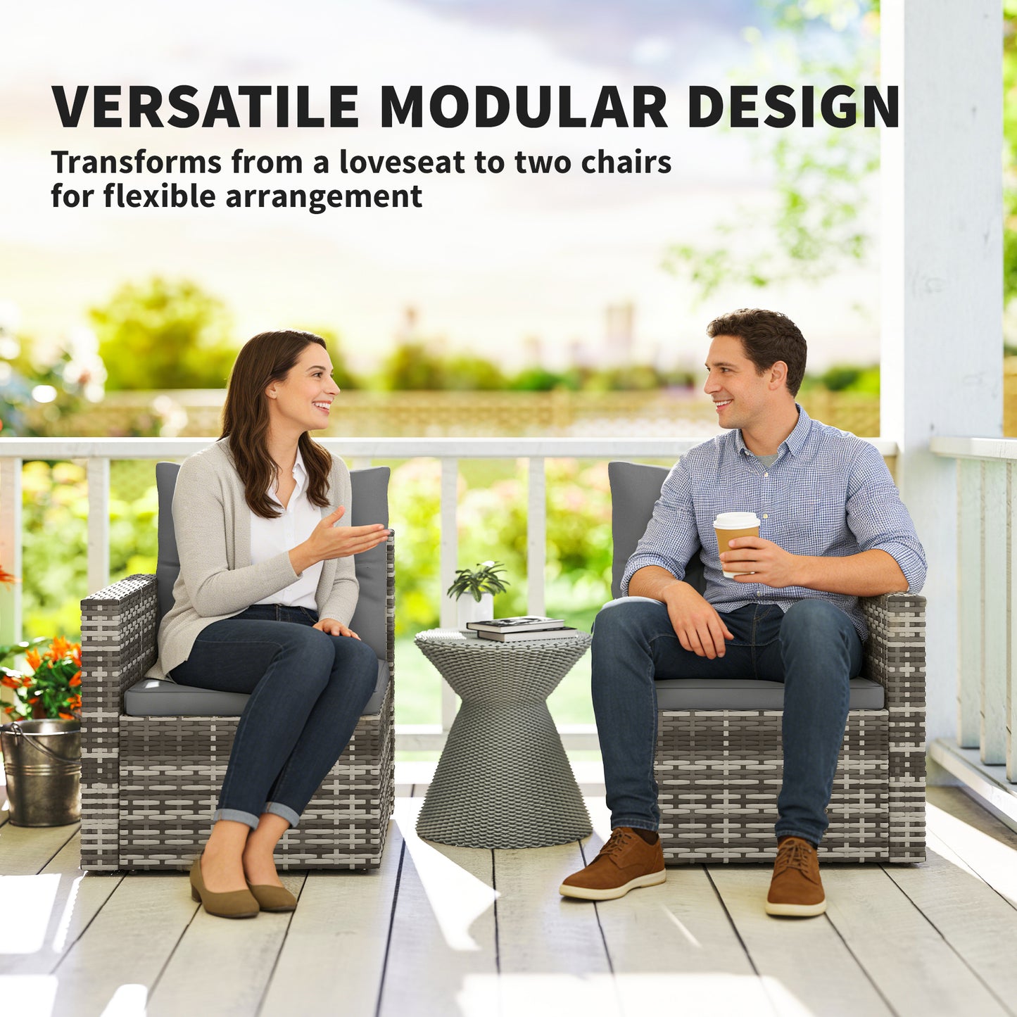 2 Seater Rattan Garden Sofa Outdoor Loveseat with Hidden Side Trays