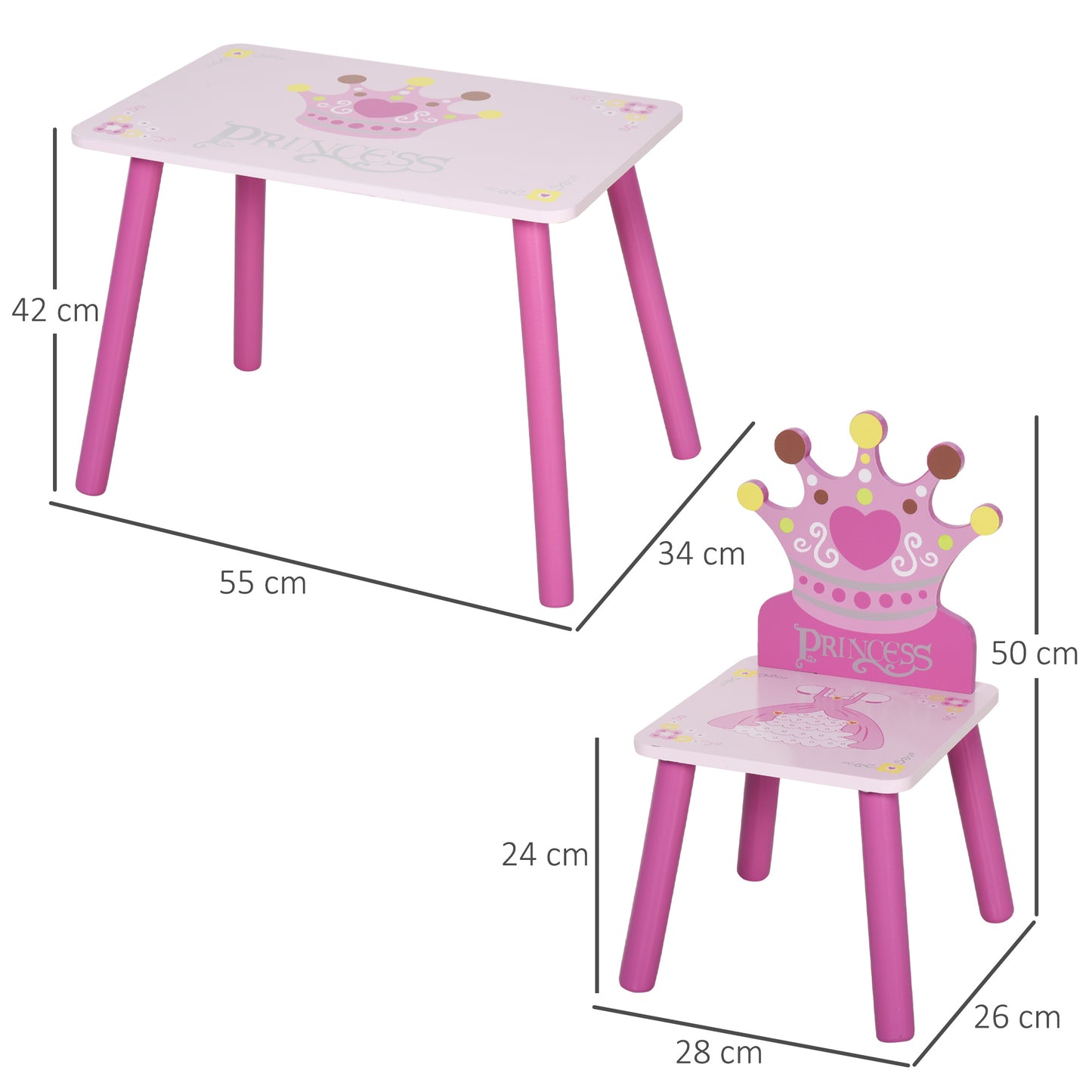 3 Pcs Kids and Table Chair Set Princess & Crown Theme Home