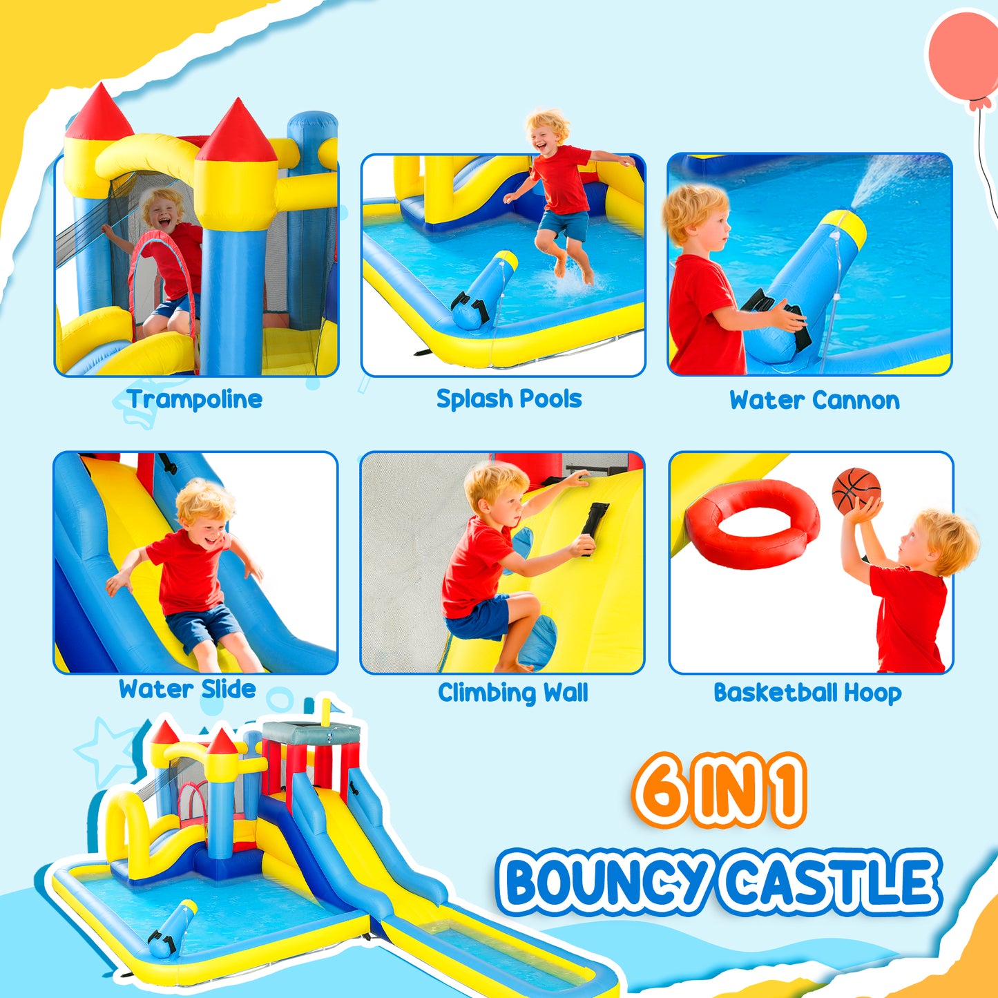 Inflatable Bouncy Castle, Kids Water Bounce House 6 in 1
