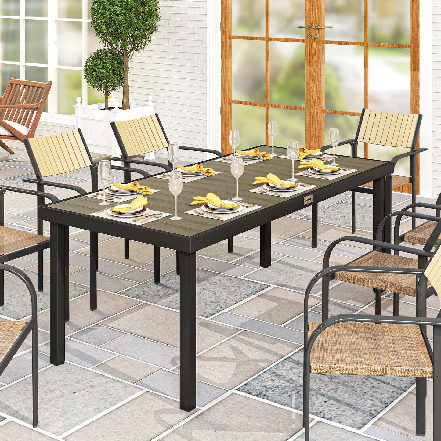 Aluminium Outdoor Garden Dining Table for 8 People, Faux Wood Top (1)