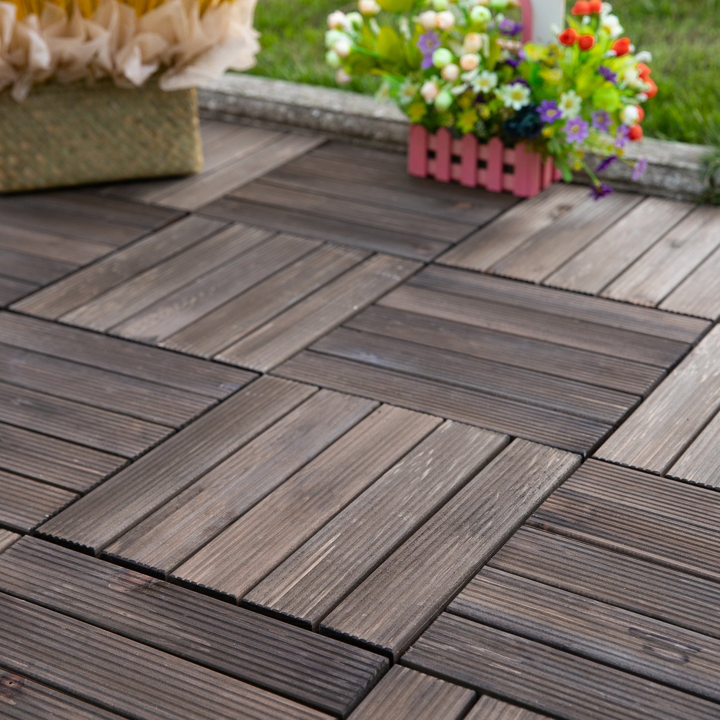 27 Pcs Solid Wood Interlocking Decking Tiles For Patio, Balcony