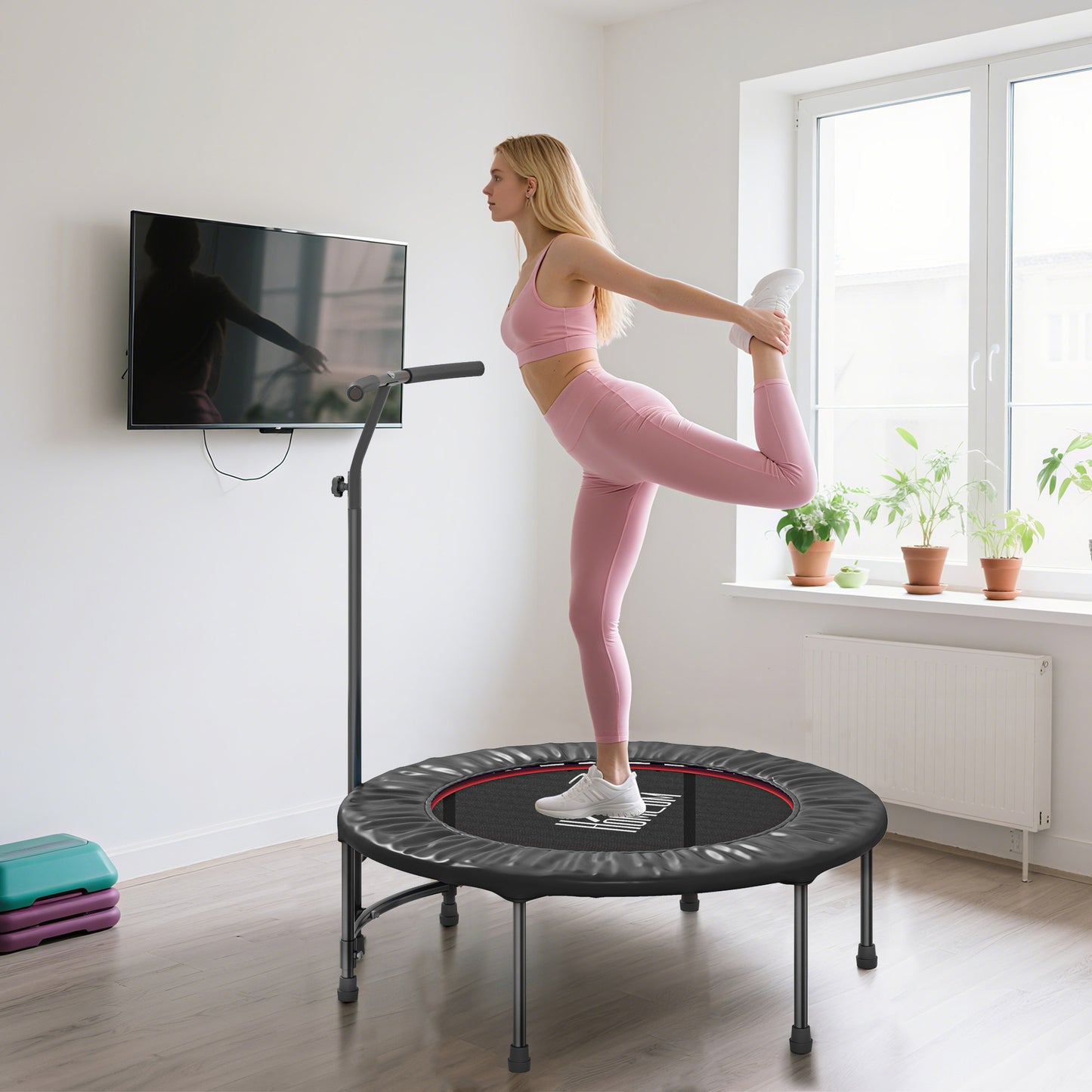 40" Fitness Trampoline with Adjustable Handle, Rebounder Trampoline