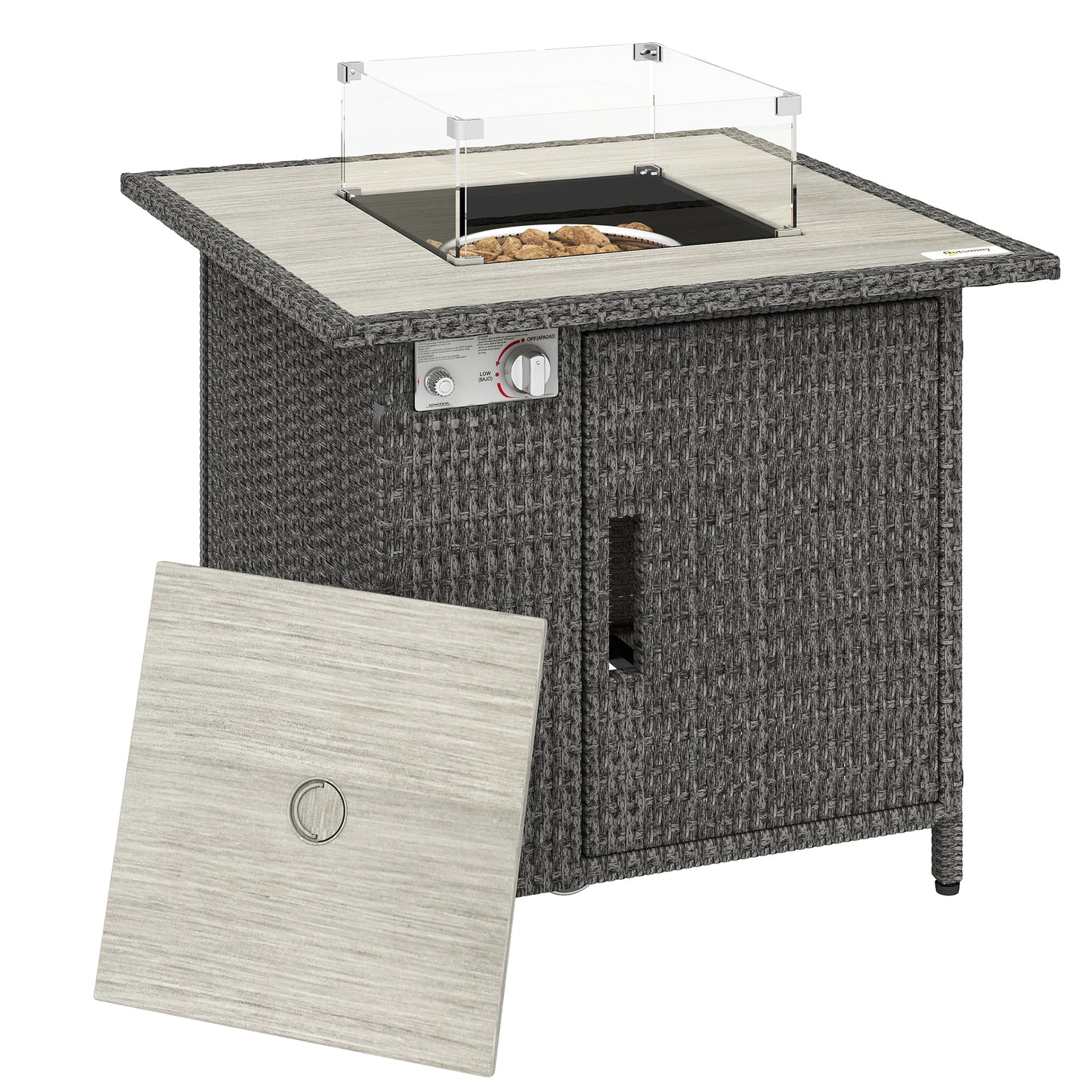 14.5 KW Rattan Gas Fire Pit Dining Table with Rain Cover, Wind Guard