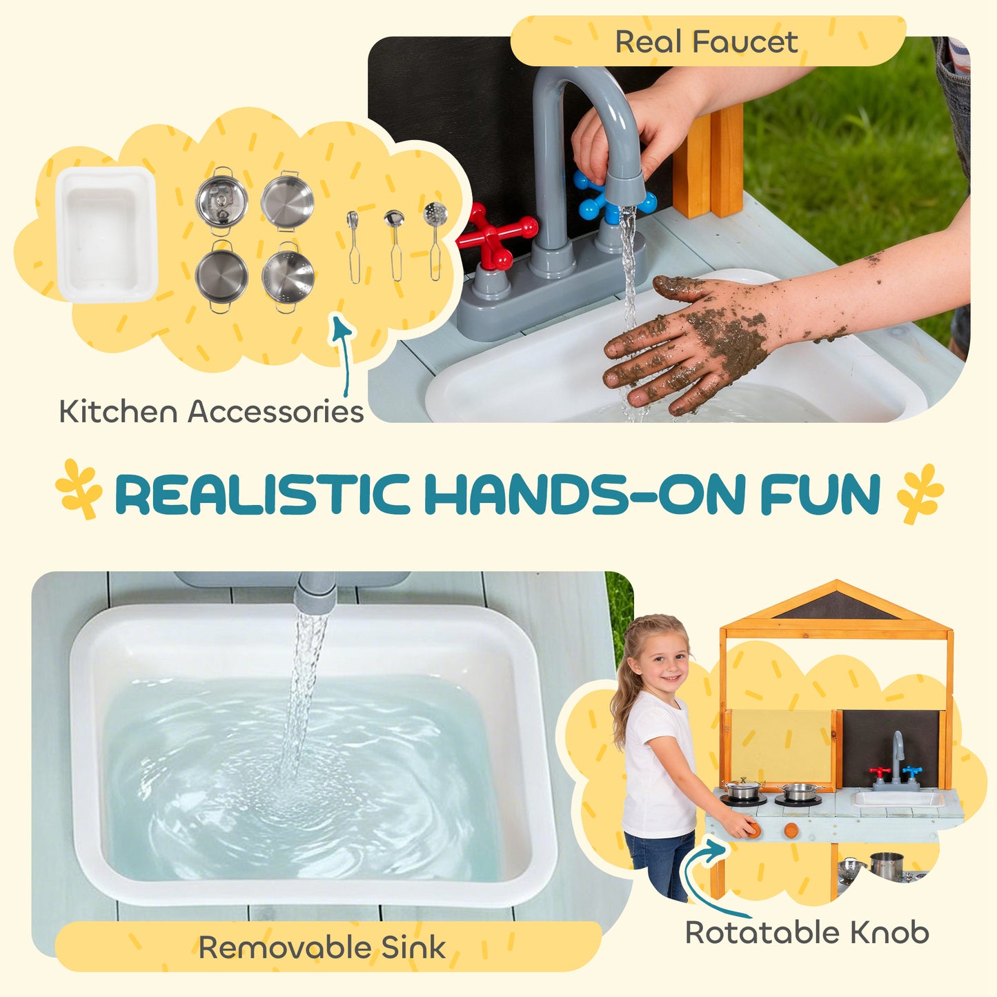 Mud Kitchen for Kids, Outdoor Wooden Play Kitchen with Sink, Stove