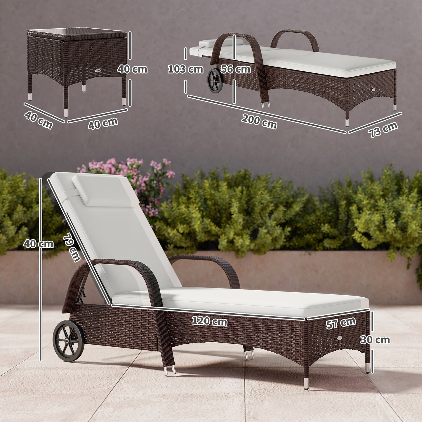 Rattan Sun Loungers for Garden Set of 2 with Side Table
