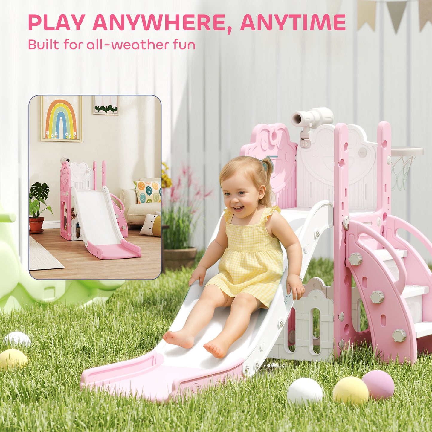 5 in 1 Kids Slide Set with Basketball Hoop, Climbing Frame