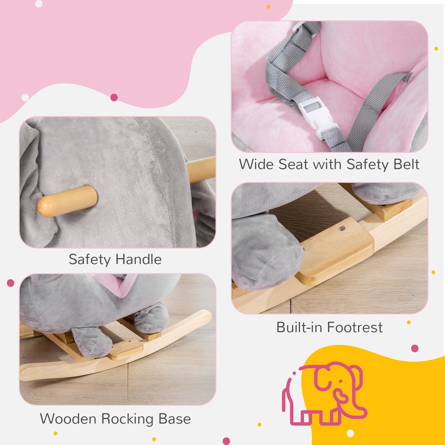Kids Elephant-Designed Rocking Horse, with Safety Belt, Wooden Base