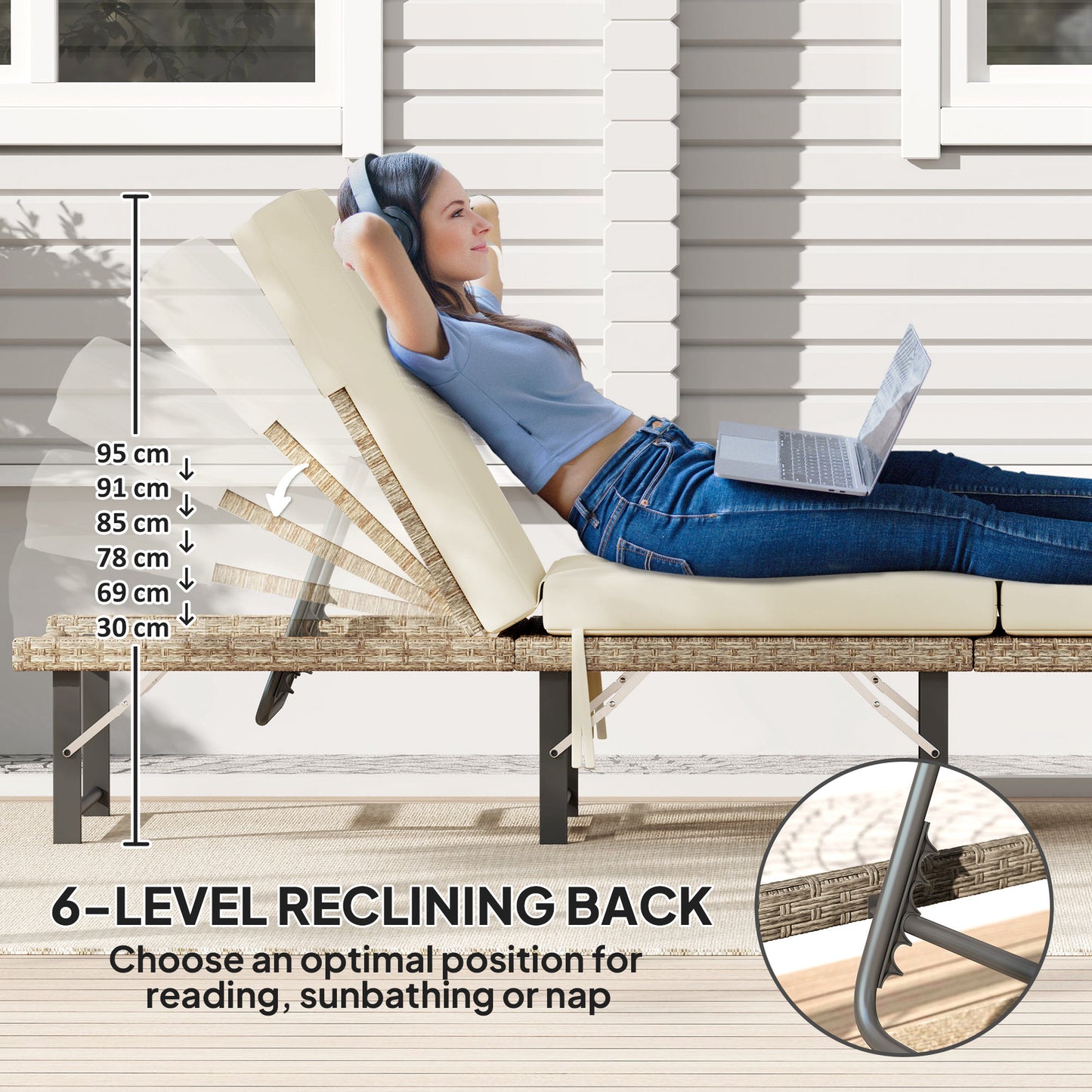 Single Folding Rattan Sun Lounger, with Cushion
