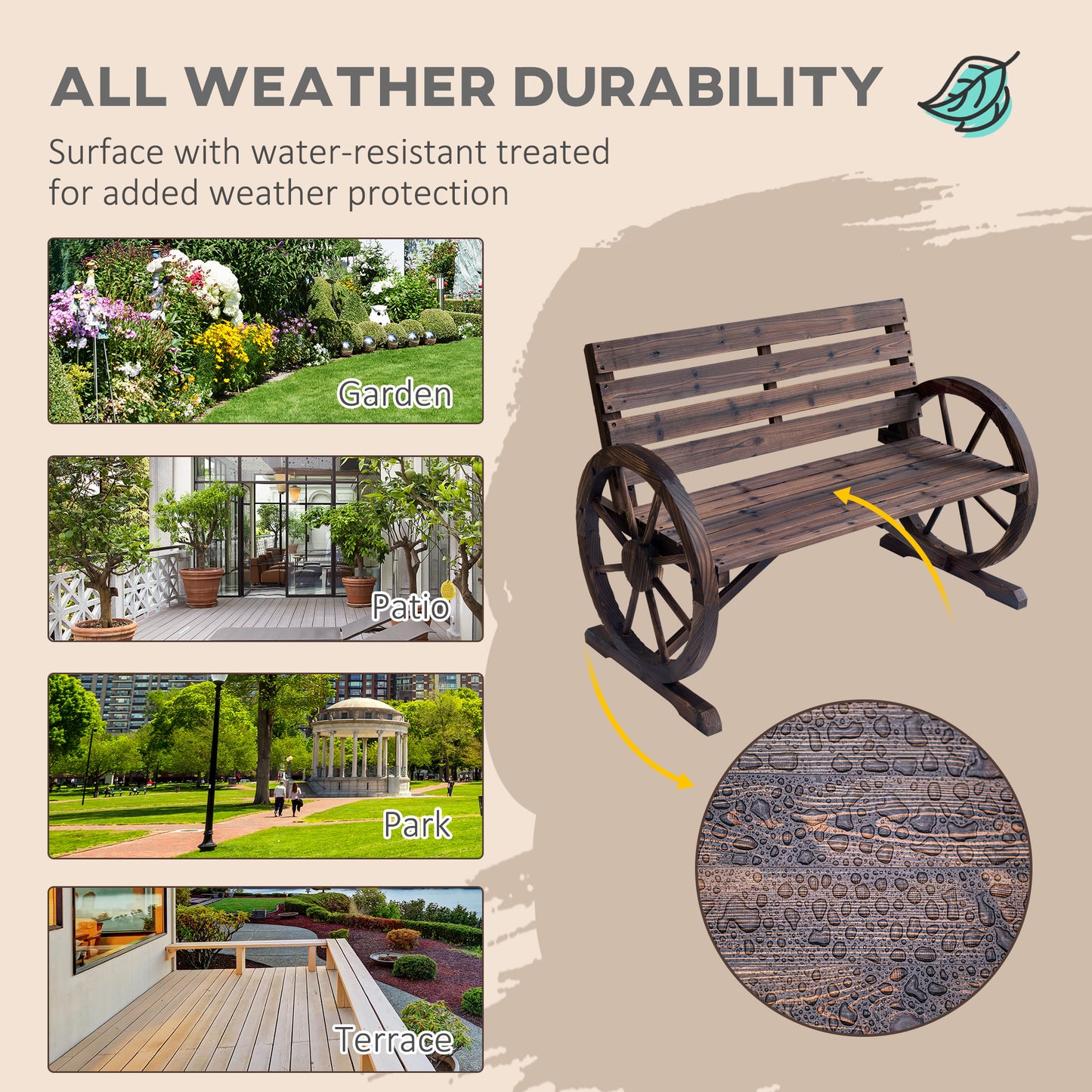 2 Seater Garden Bench with Wooden Cart Wagon Wheel Rustic High Back