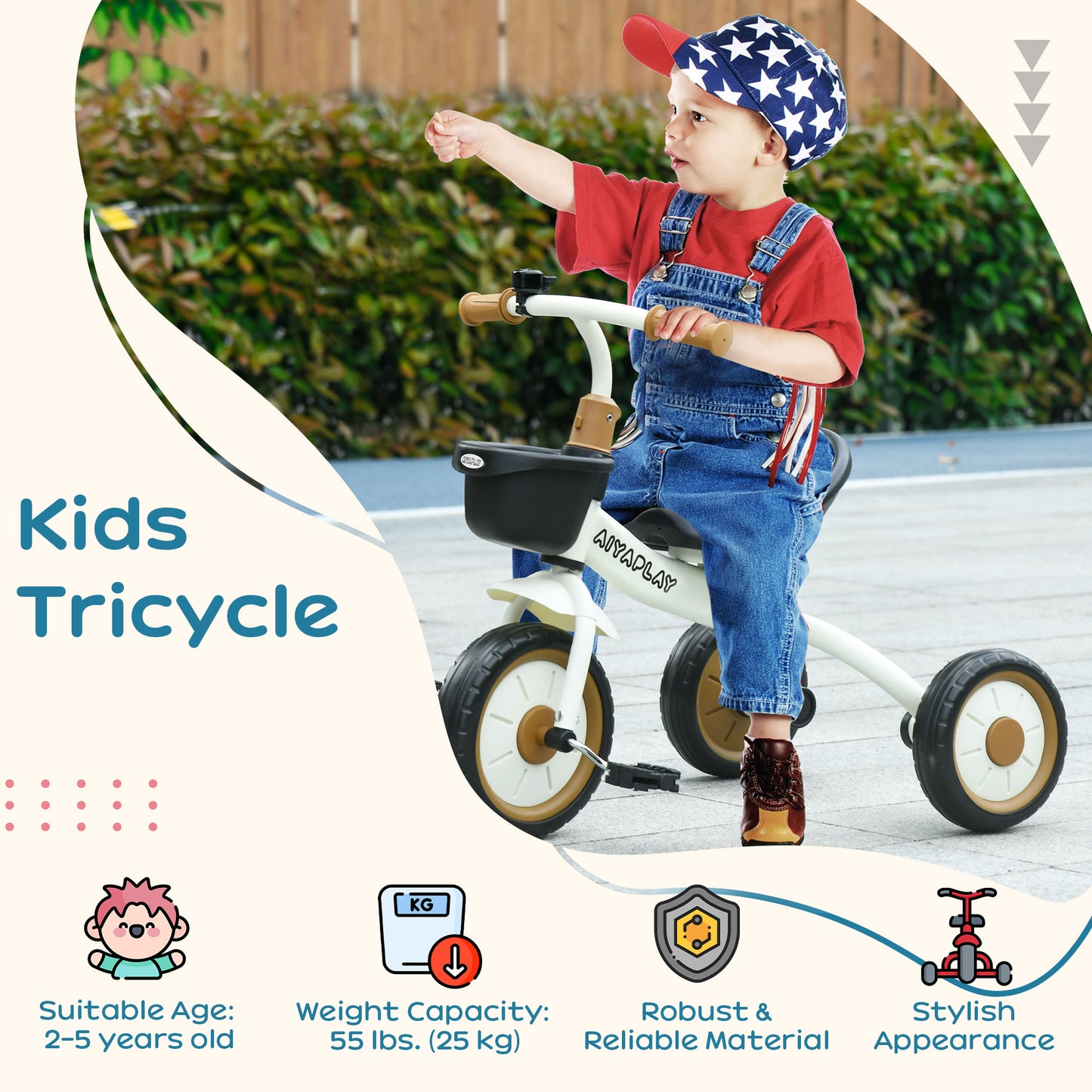 Kids Trike, Tricycle, with Adjustable Seat, Basket, Bell