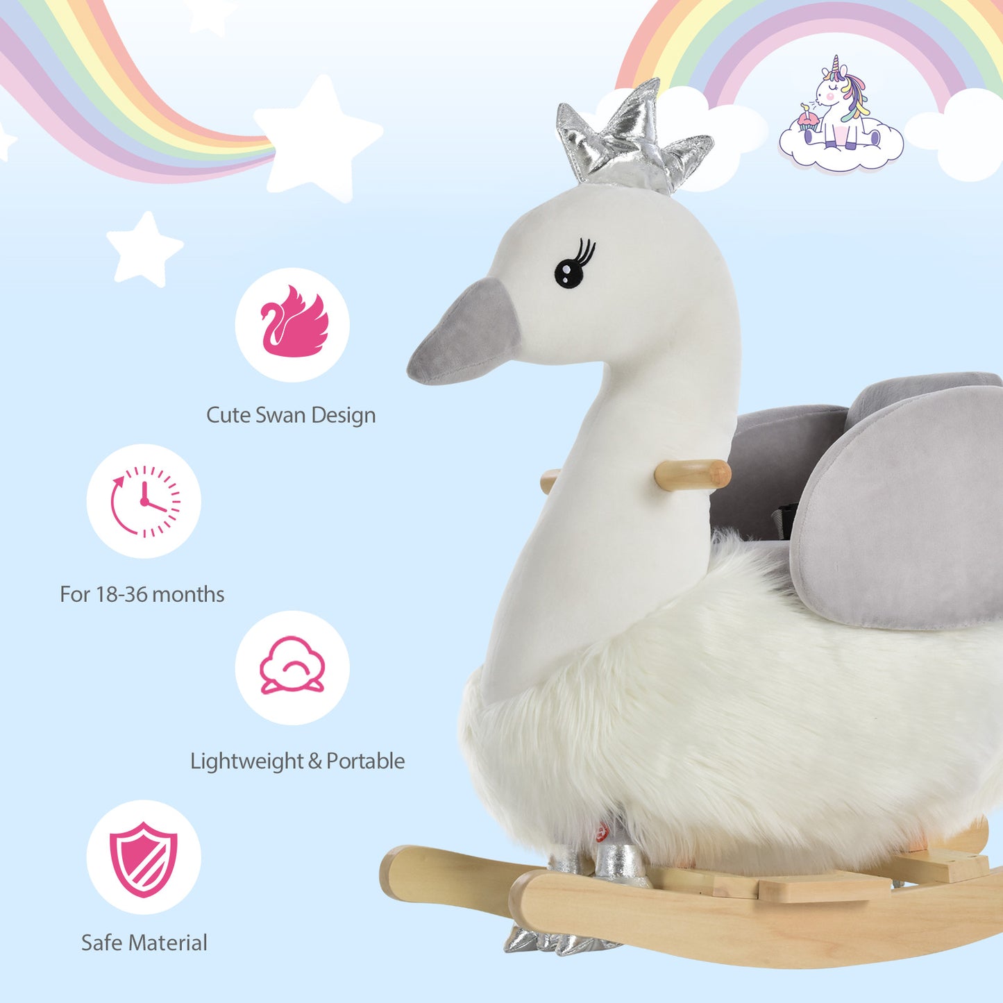 Kids Rocking Horse, Children Plush Ride On Swan Animal Rocker w/