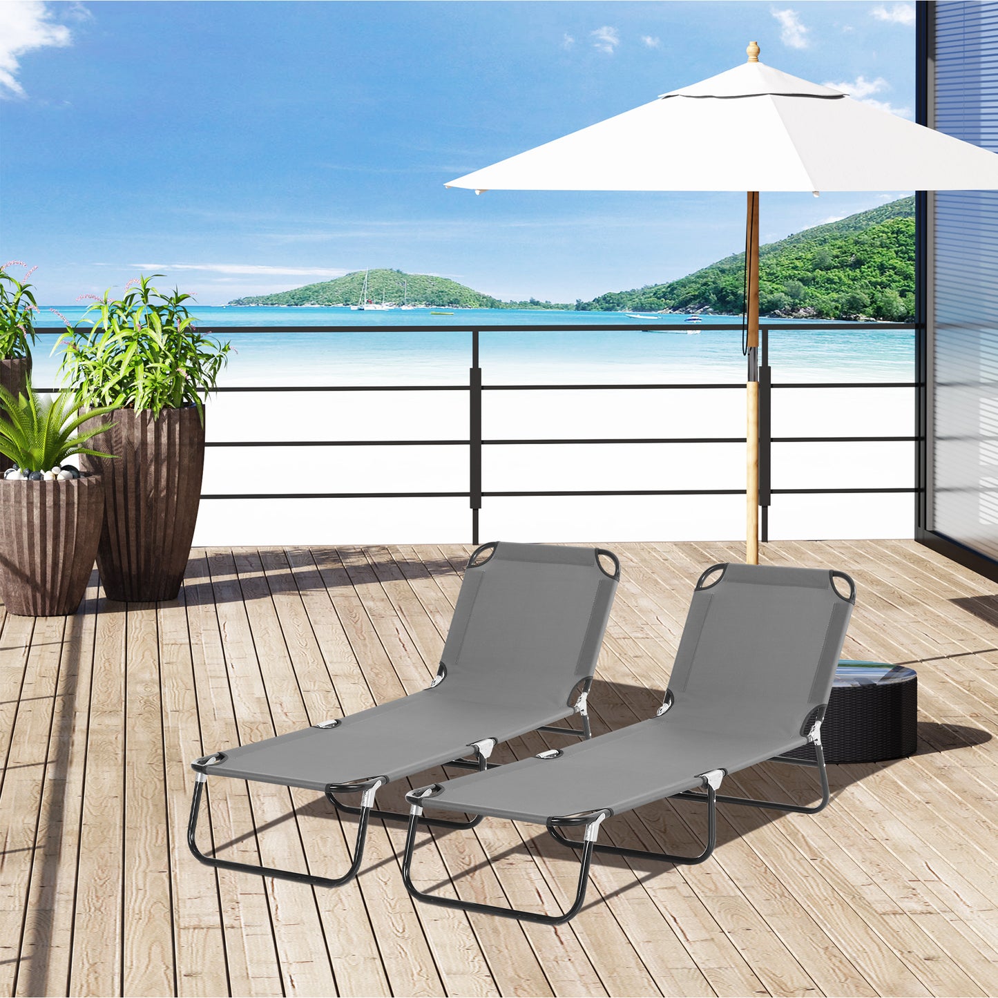 2 Piece Foldable Sun Loungers with 5-Position Adjustable Backrest