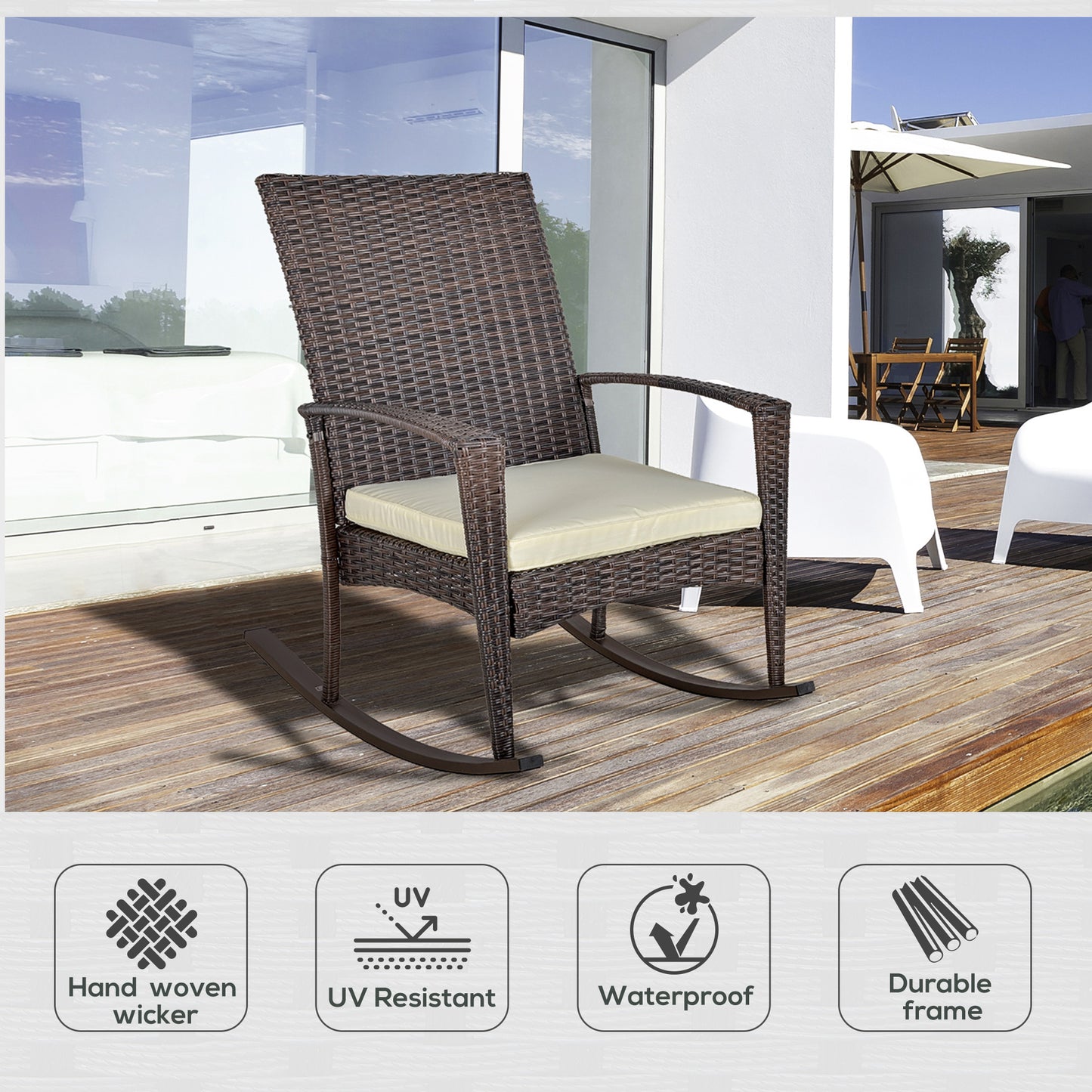 PE Rattan Garden Rocking Chair, Outdoor Rocking with Cushion