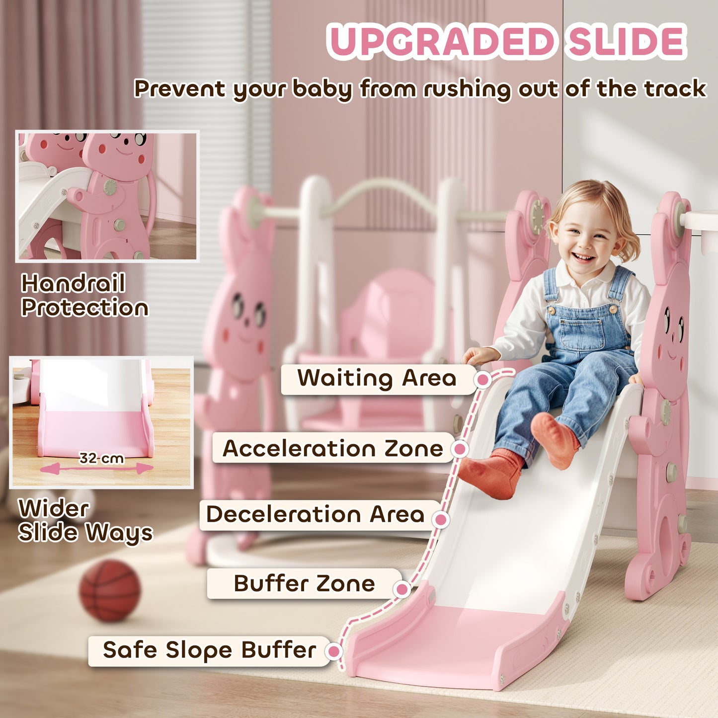 4 in 1 Kids Slide and Swing Set with Climber, Basketball Hoop