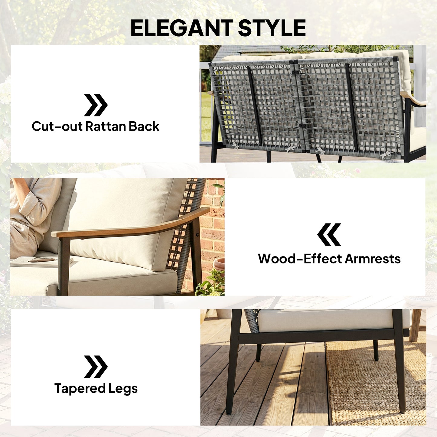 2 Seater Rattan Sofa, Outdoor Garden Sofa with Wood-Effect Armrests