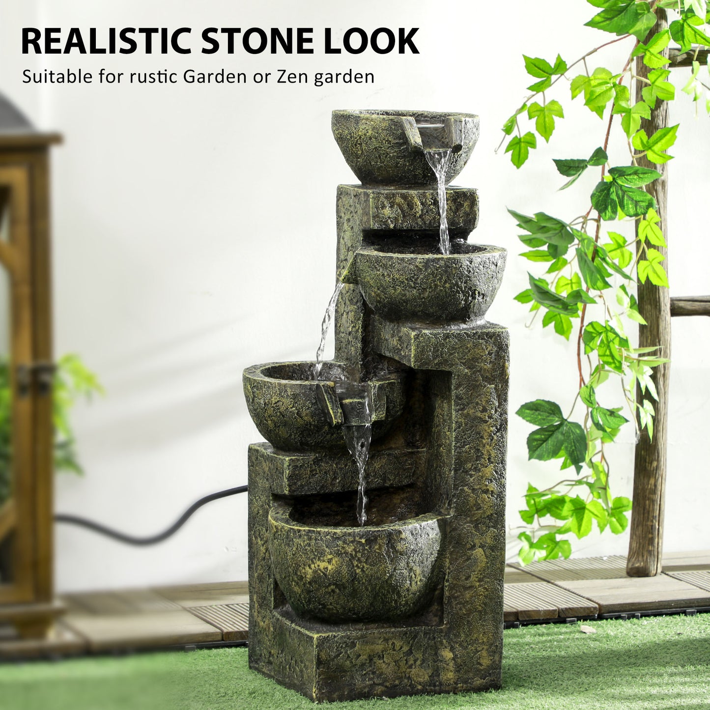 Garden Water Feature Waterfall Fountain with 4-Tier Stone Look Bowls