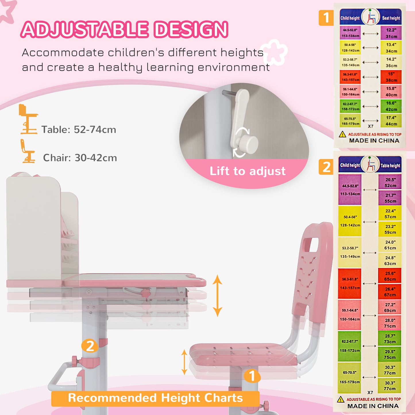 Height Adjustable Kids Study Table and Chair Set, with Drawer