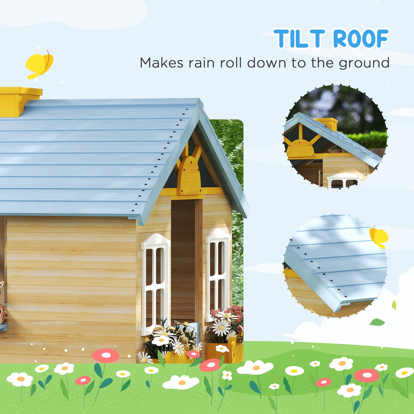 Wooden Playhouse, Wendy House w/ Door, Bench, Flowerpot Holder