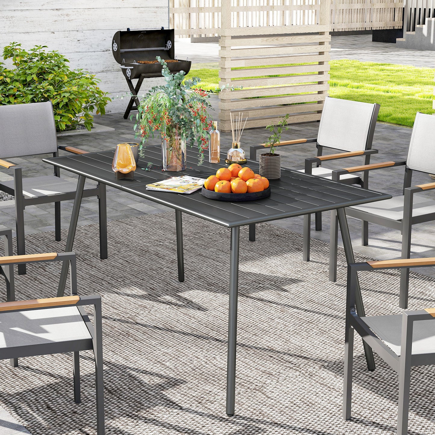 Rectangle Garden Table with Slat Top, Steel Frame