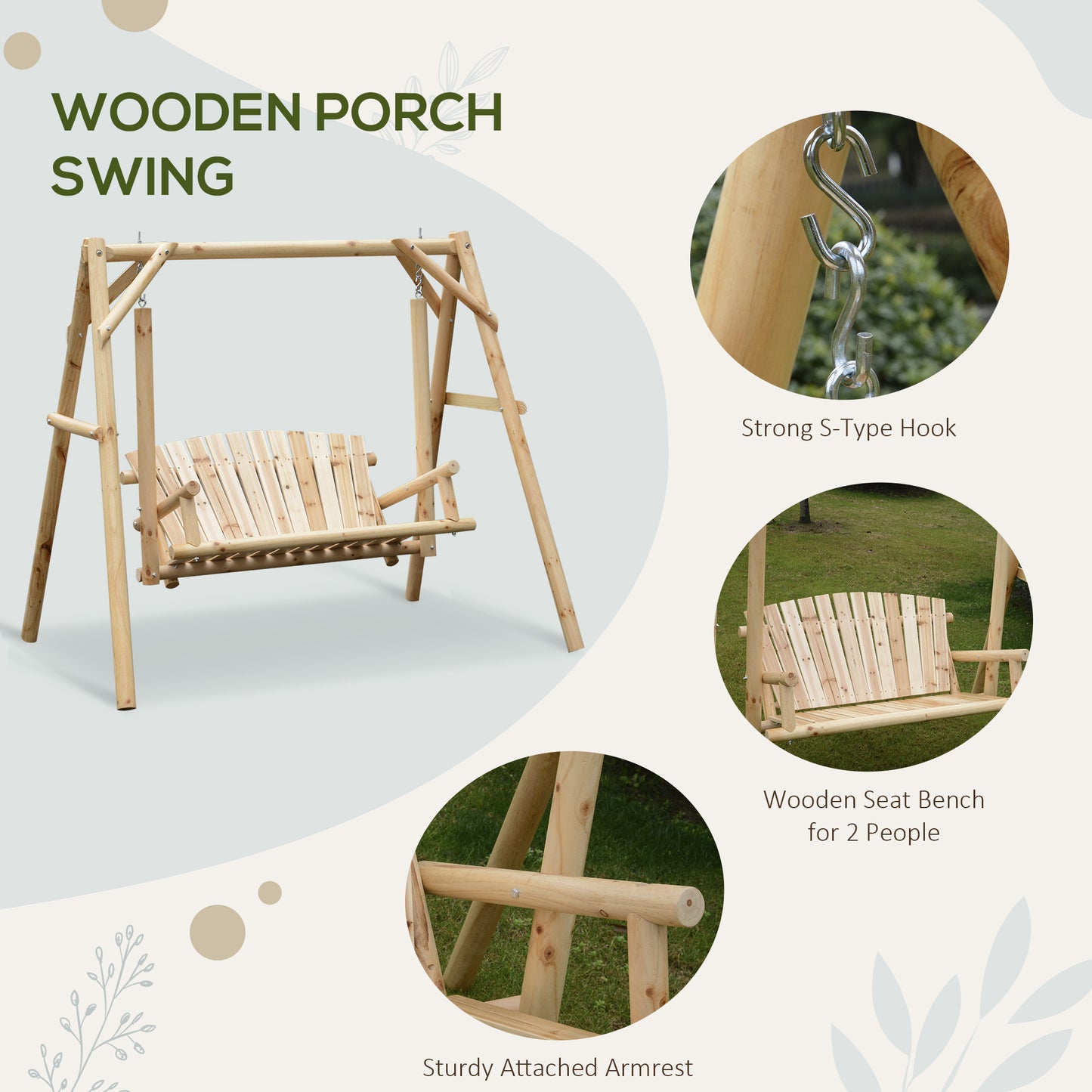 Outdoor 2 Seater Swing Chair Larch Wood Garden Swing Seat Porch
