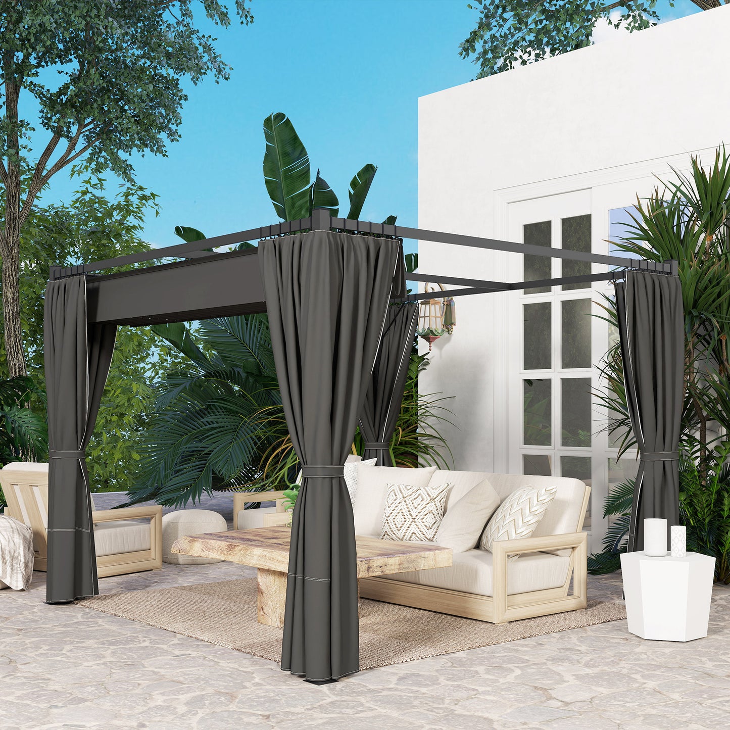 3 x 3(m) Retractable Pergola, Garden Gazebo Shelter with Curtains