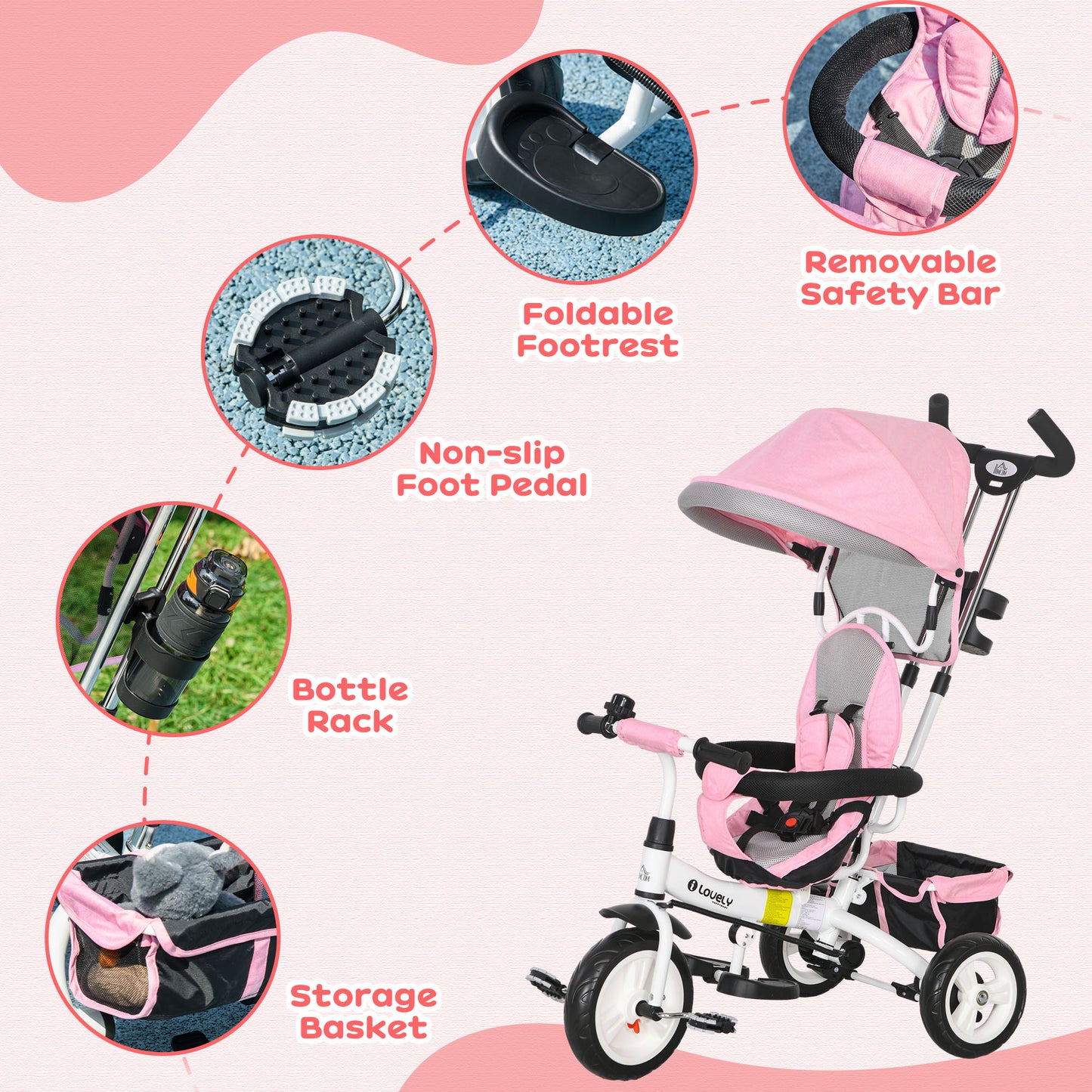 6 in 1 Kids Trike Push Bike w/ Push Handle, Canopy