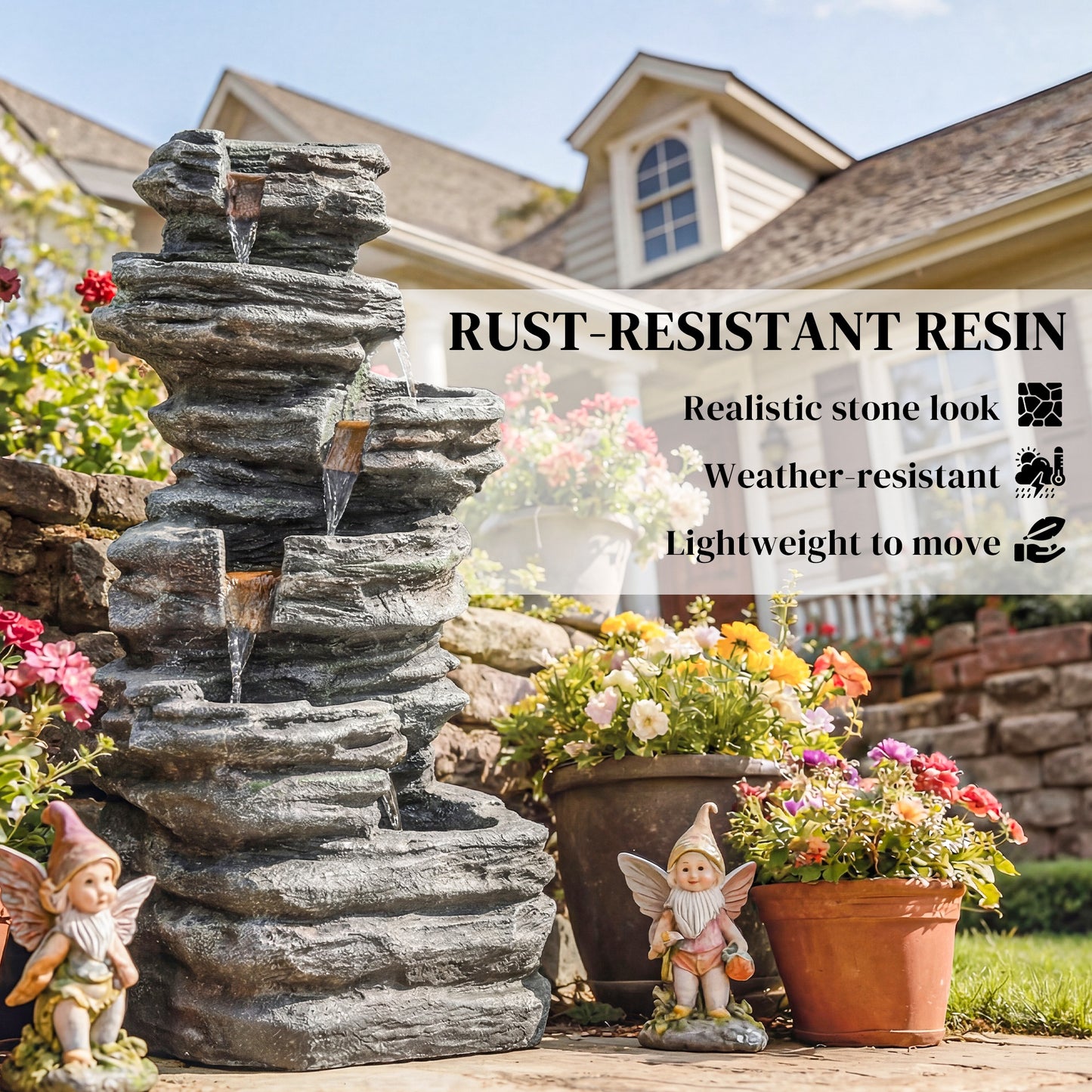 Outdoor Fountain, 6-Tier Cascading Waterfall Feature with LED Lights