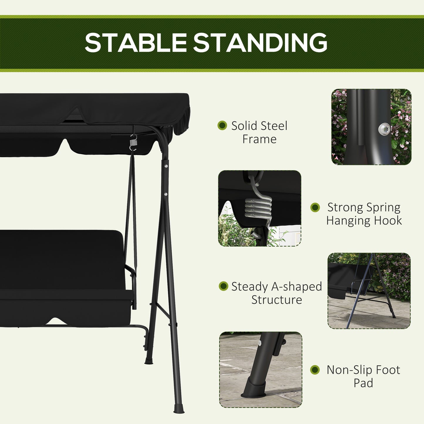 Three-Seater Garden Swing Chair, with Adjustable Canopy