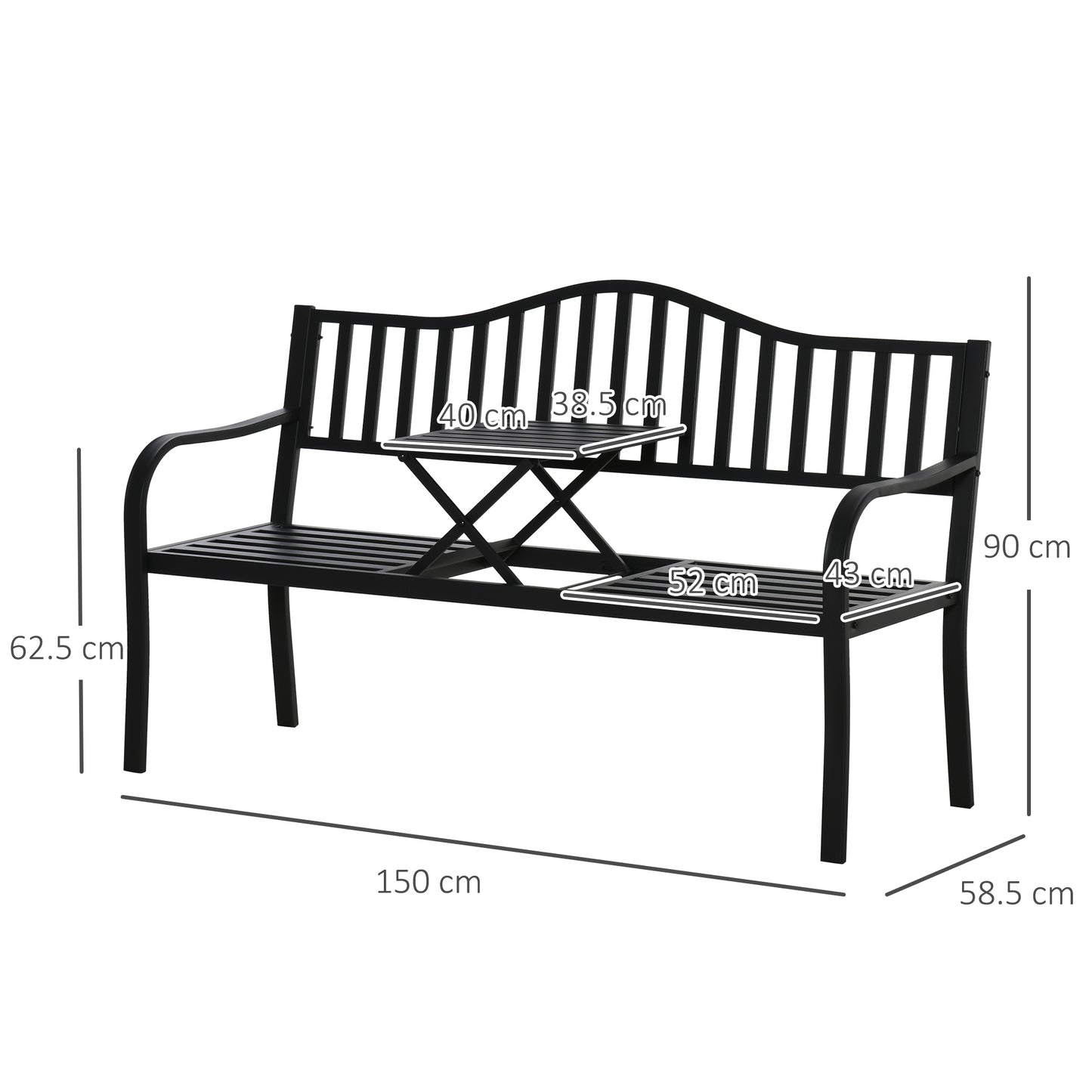 Metal Outdoor Bench with Liftable Middle Table, Patio Loveseat